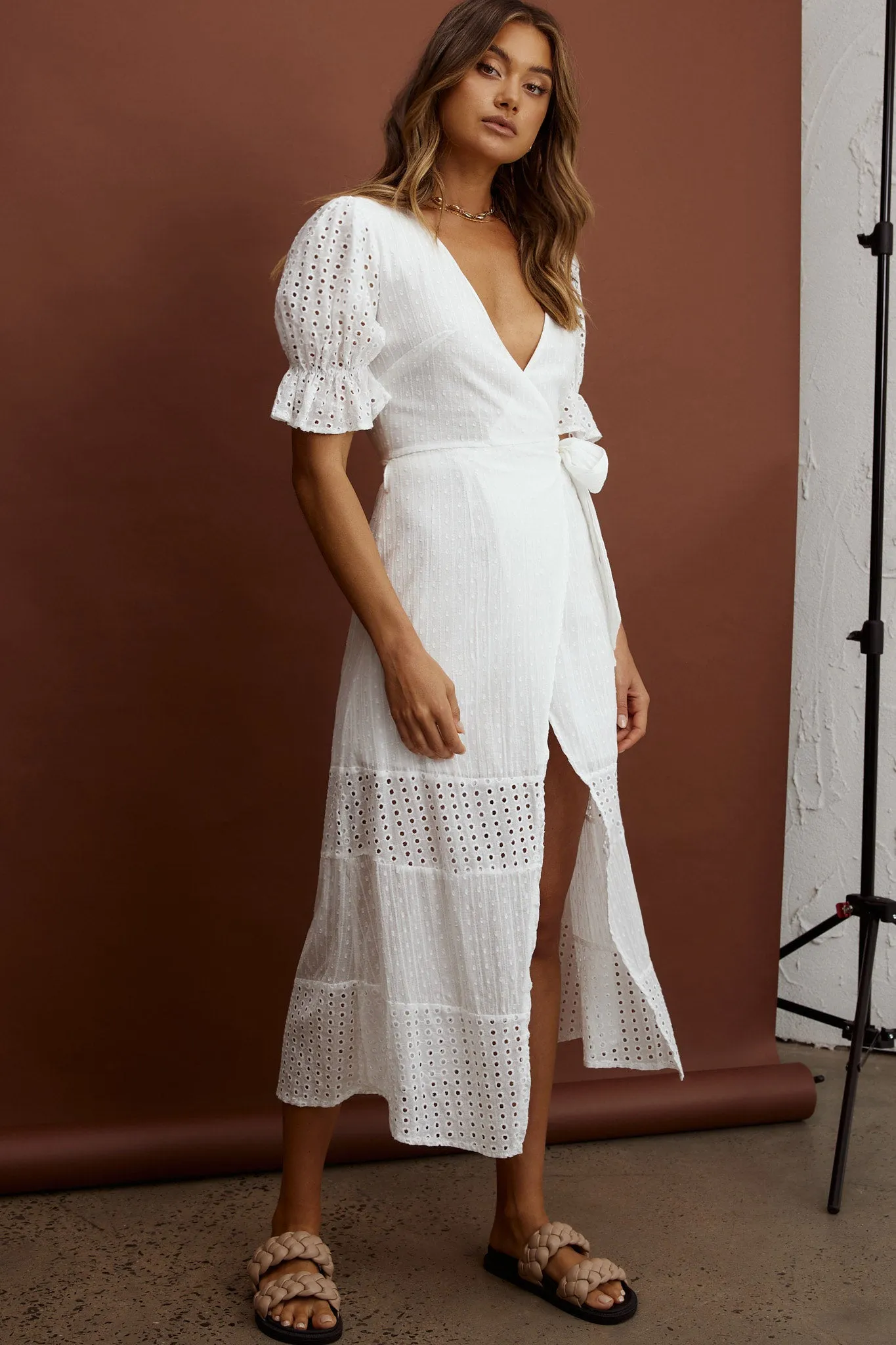 Arlington Eyelet Detail Wrap Midi Dress White