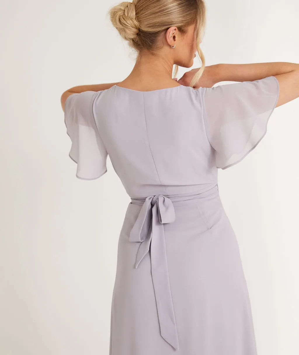 Flutter Sleeve Wrap Tie Chiffon Bridesmaid Dress - Dusty Lilac