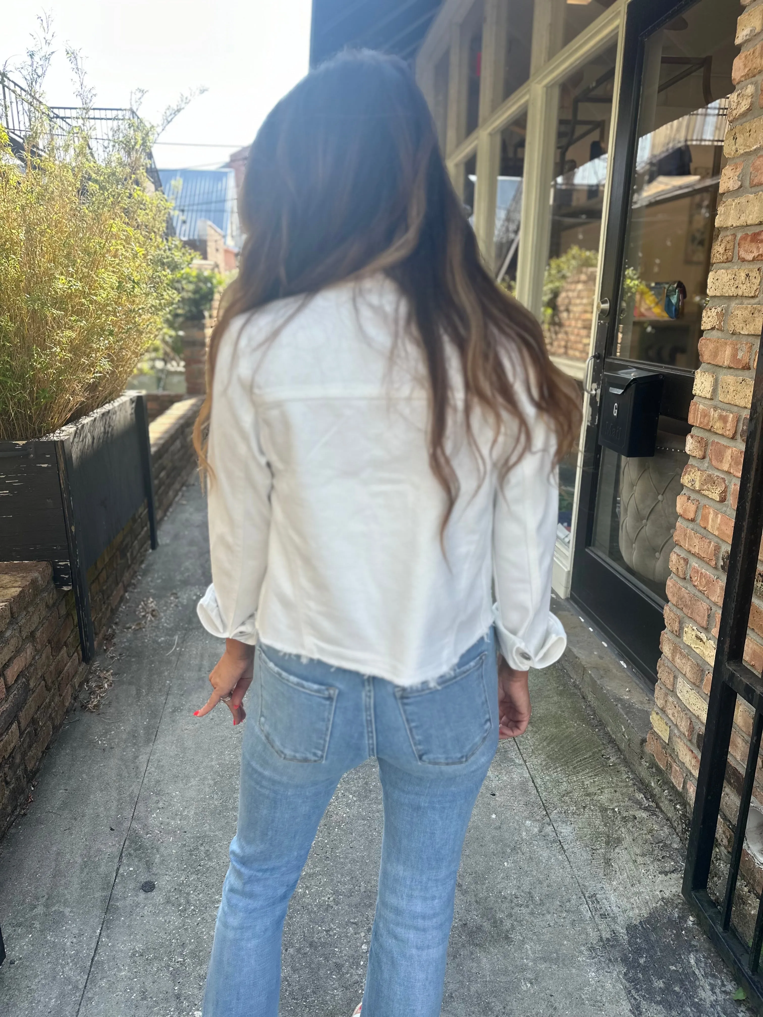 Fray Fitted Denim Jacket- White