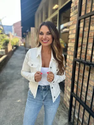 Fray Fitted Denim Jacket- White