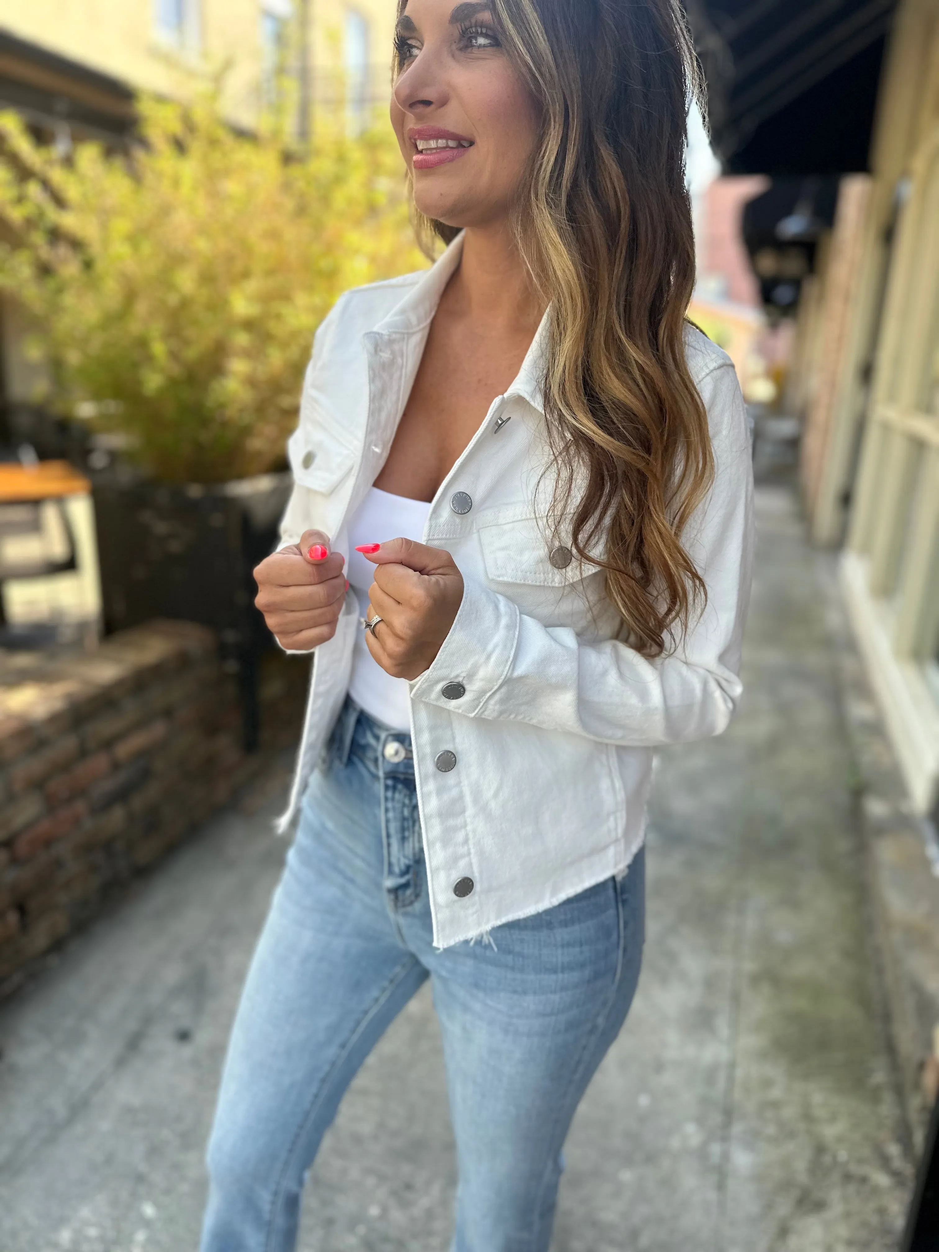 Fray Fitted Denim Jacket- White
