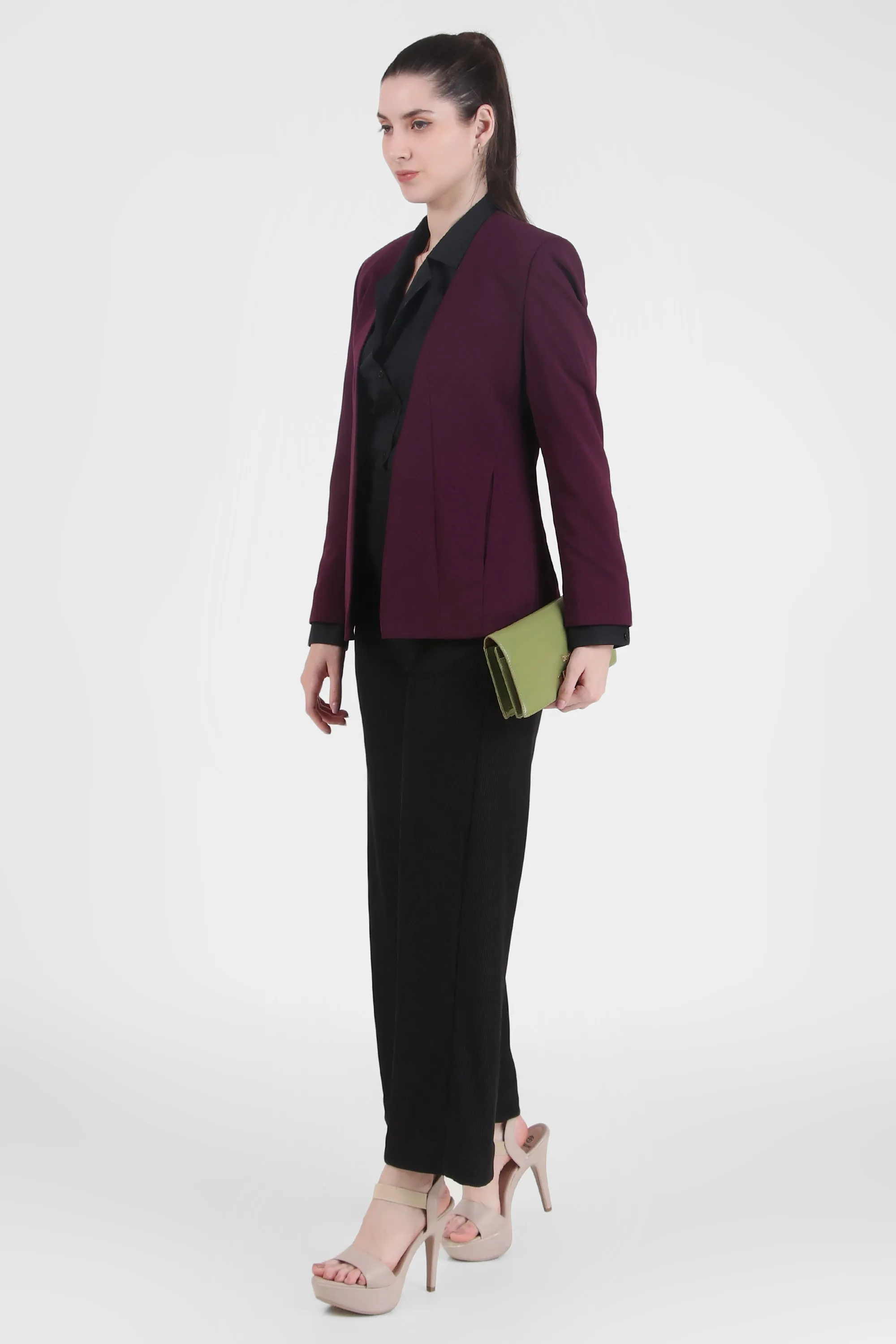 Front Open Style Stretch Crepe Blazer, Plum