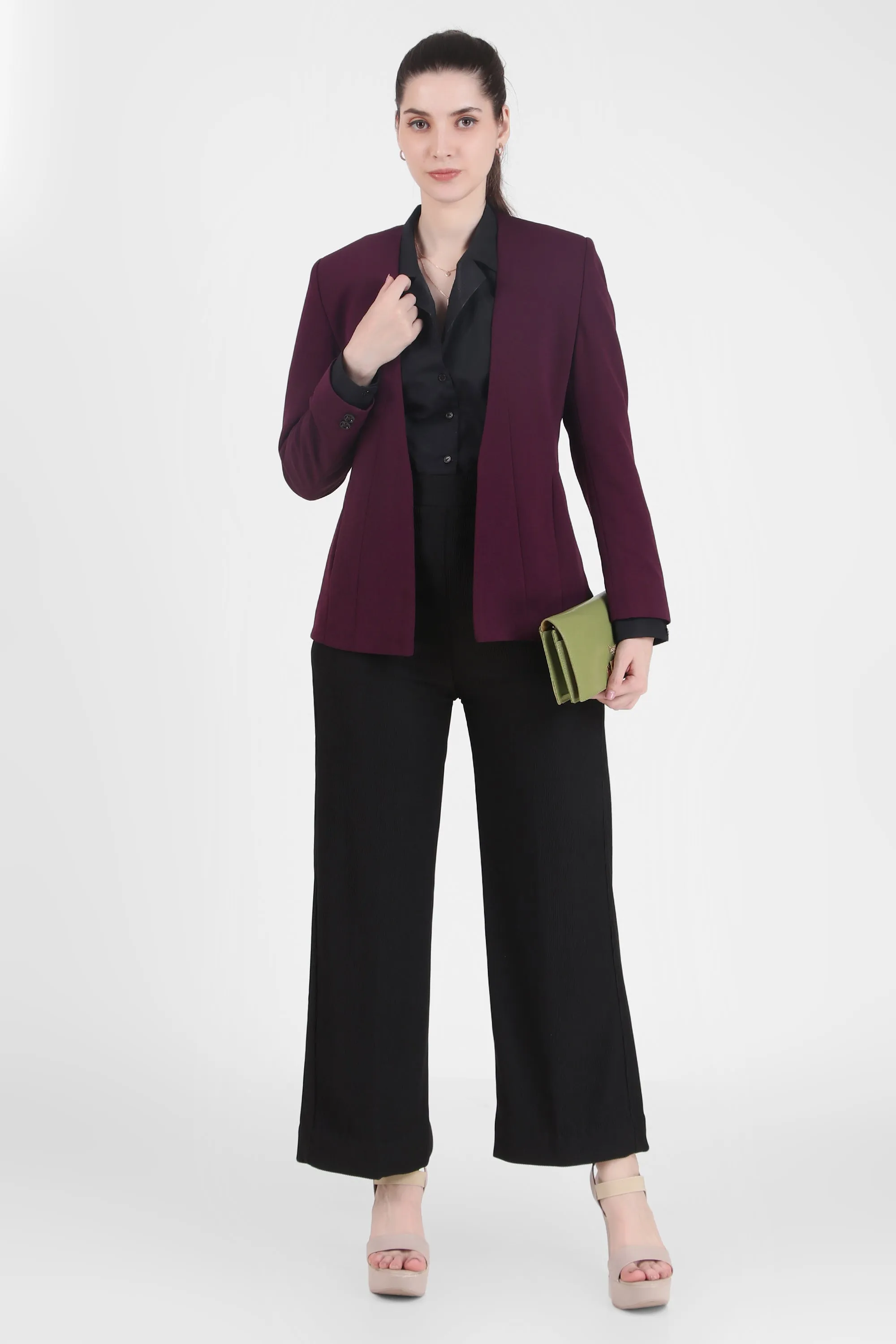 Front Open Style Stretch Crepe Blazer, Plum