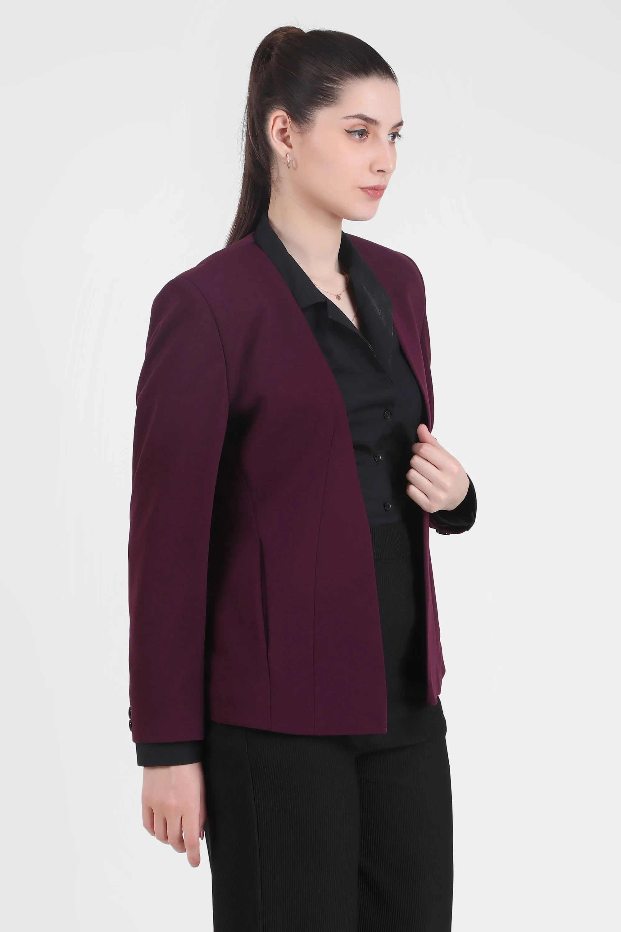 Front Open Style Stretch Crepe Blazer, Plum