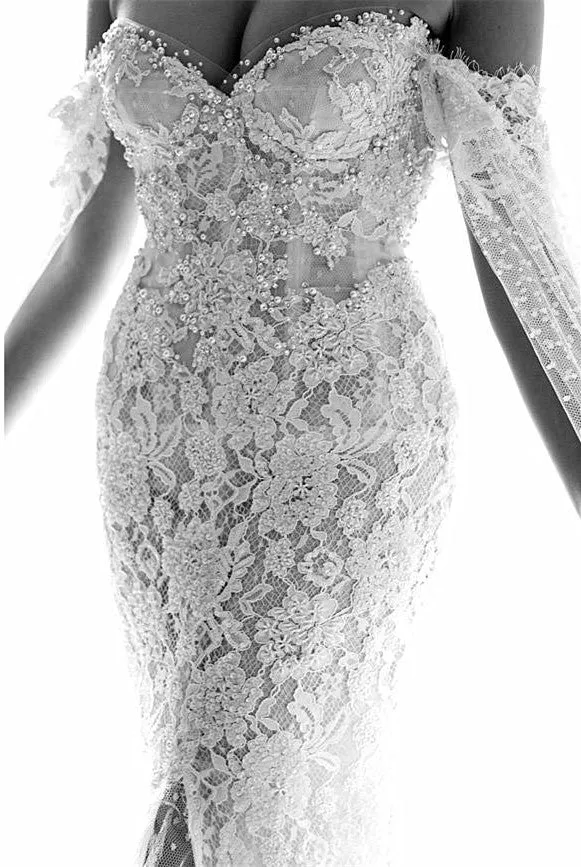 Gorgeous Sweetheart Lace Mermaid Wedding Dresses Front Split Bridal Dresses with Tulle Wrap