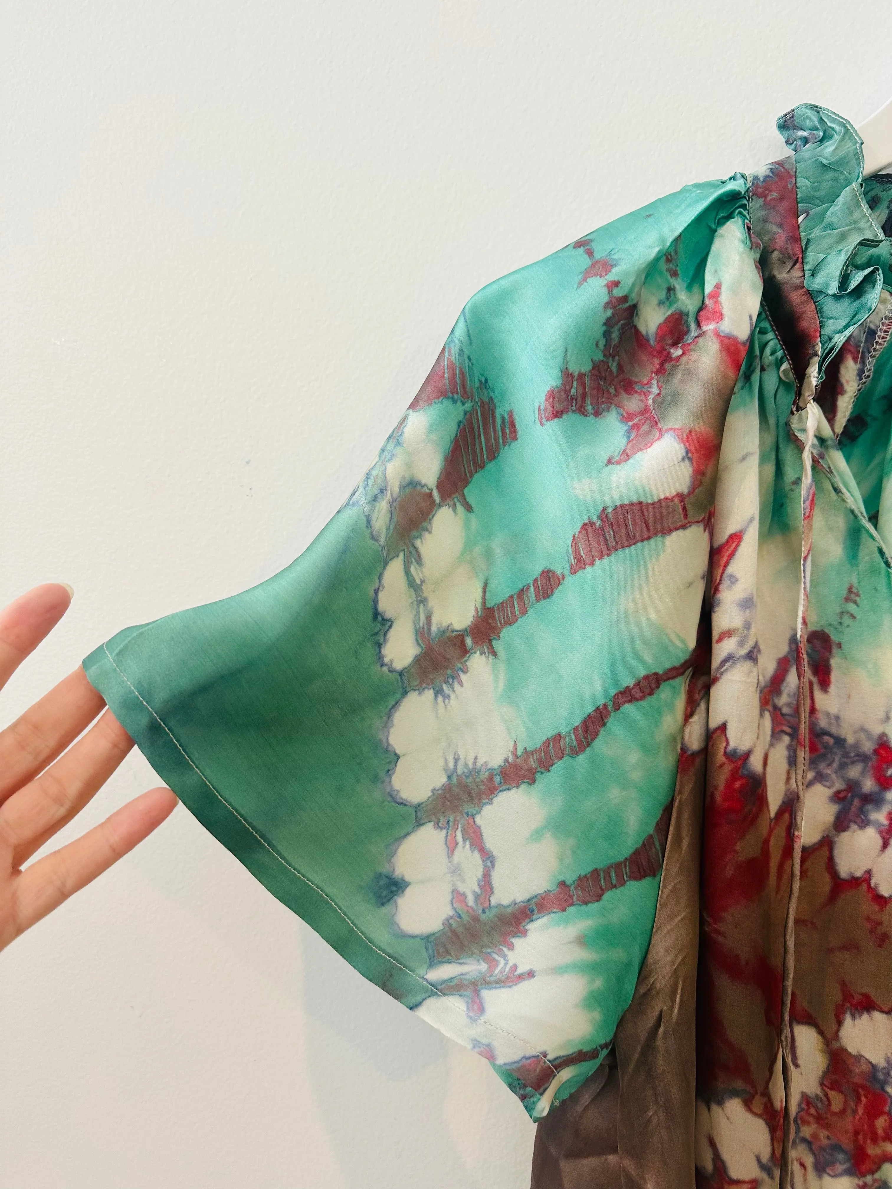 Havana Peasant Silk Blouse Green - Short Sleeve