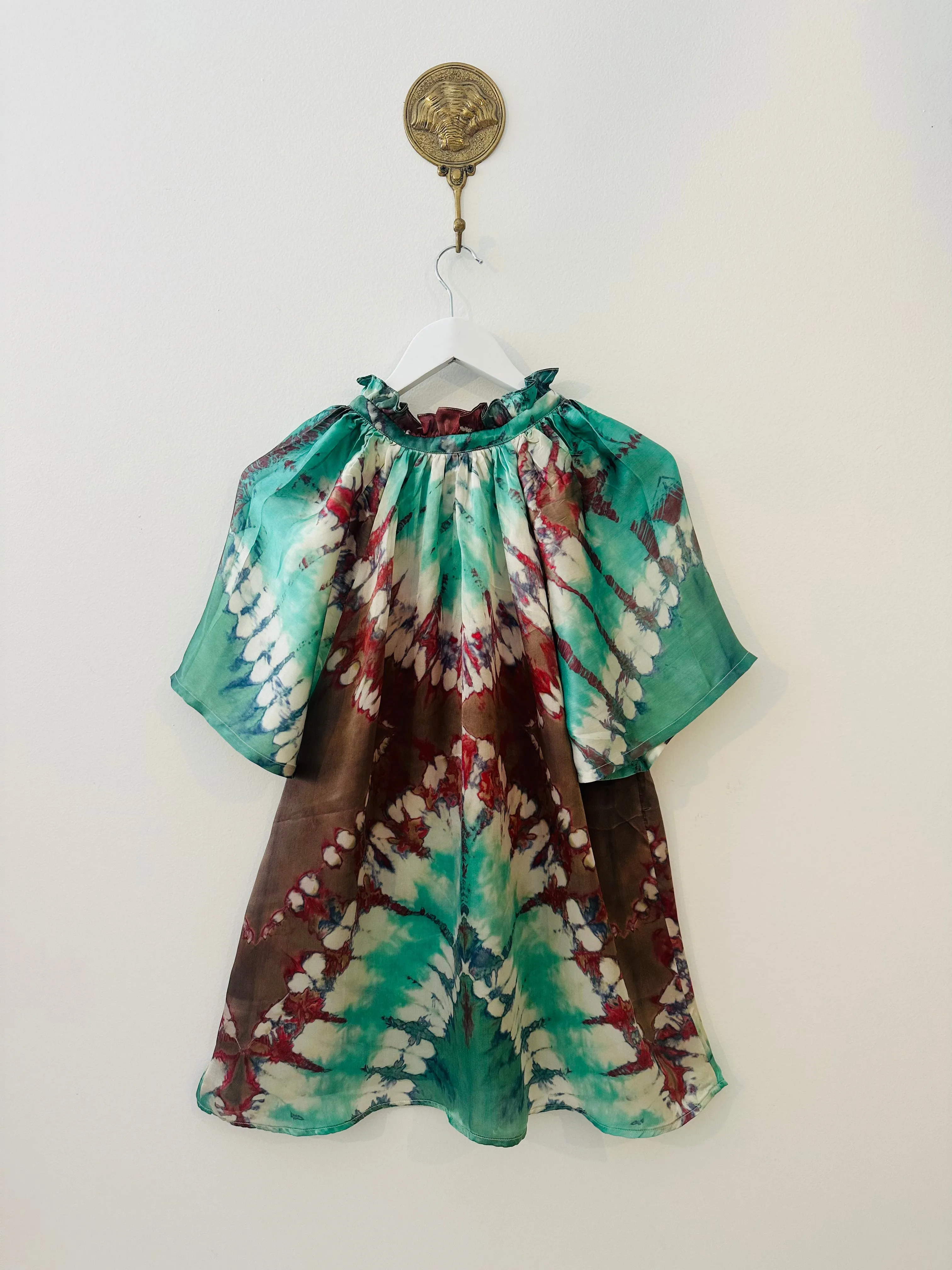 Havana Peasant Silk Blouse Green - Short Sleeve
