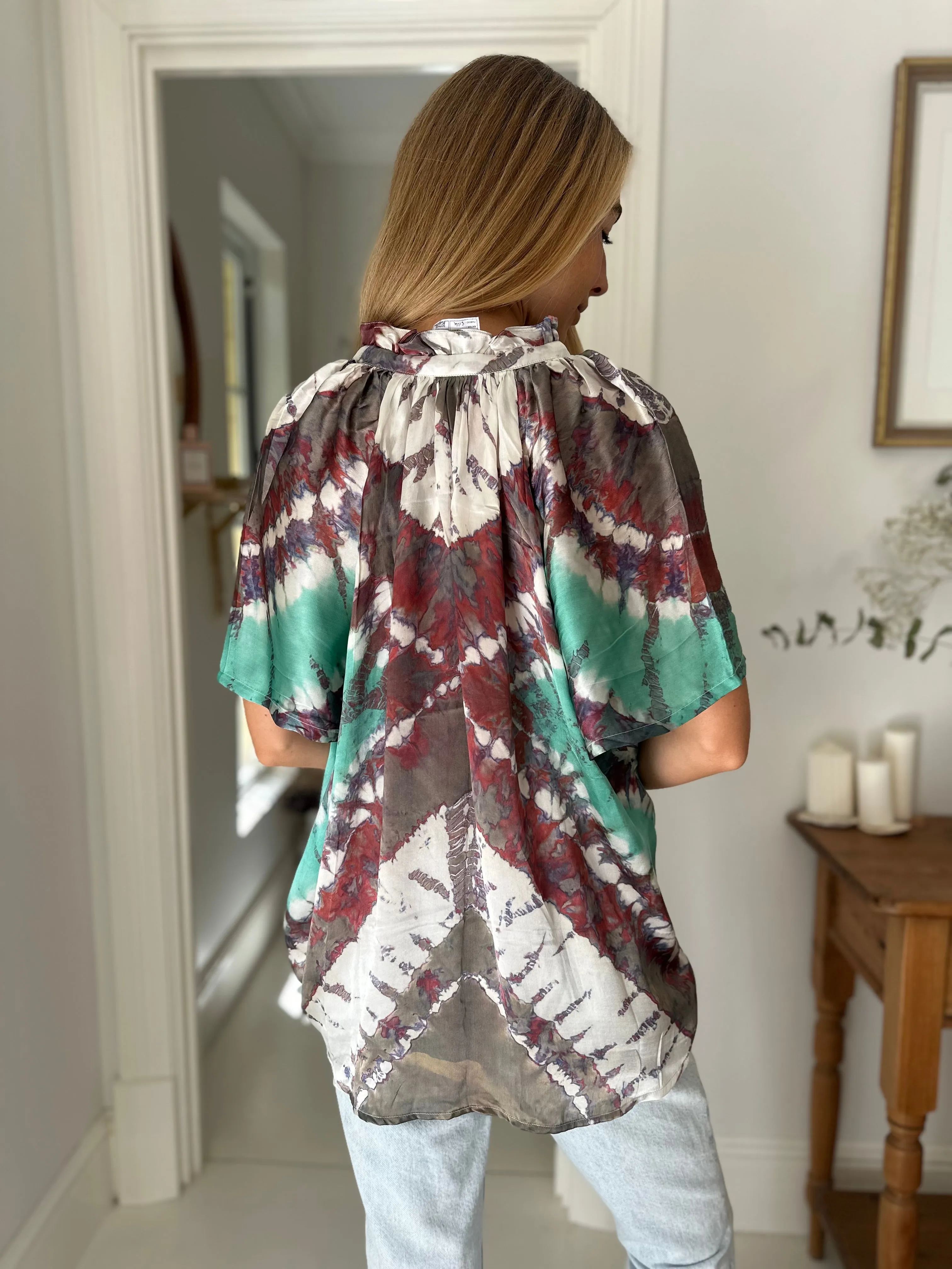 Havana Peasant Silk Blouse Green - Short Sleeve