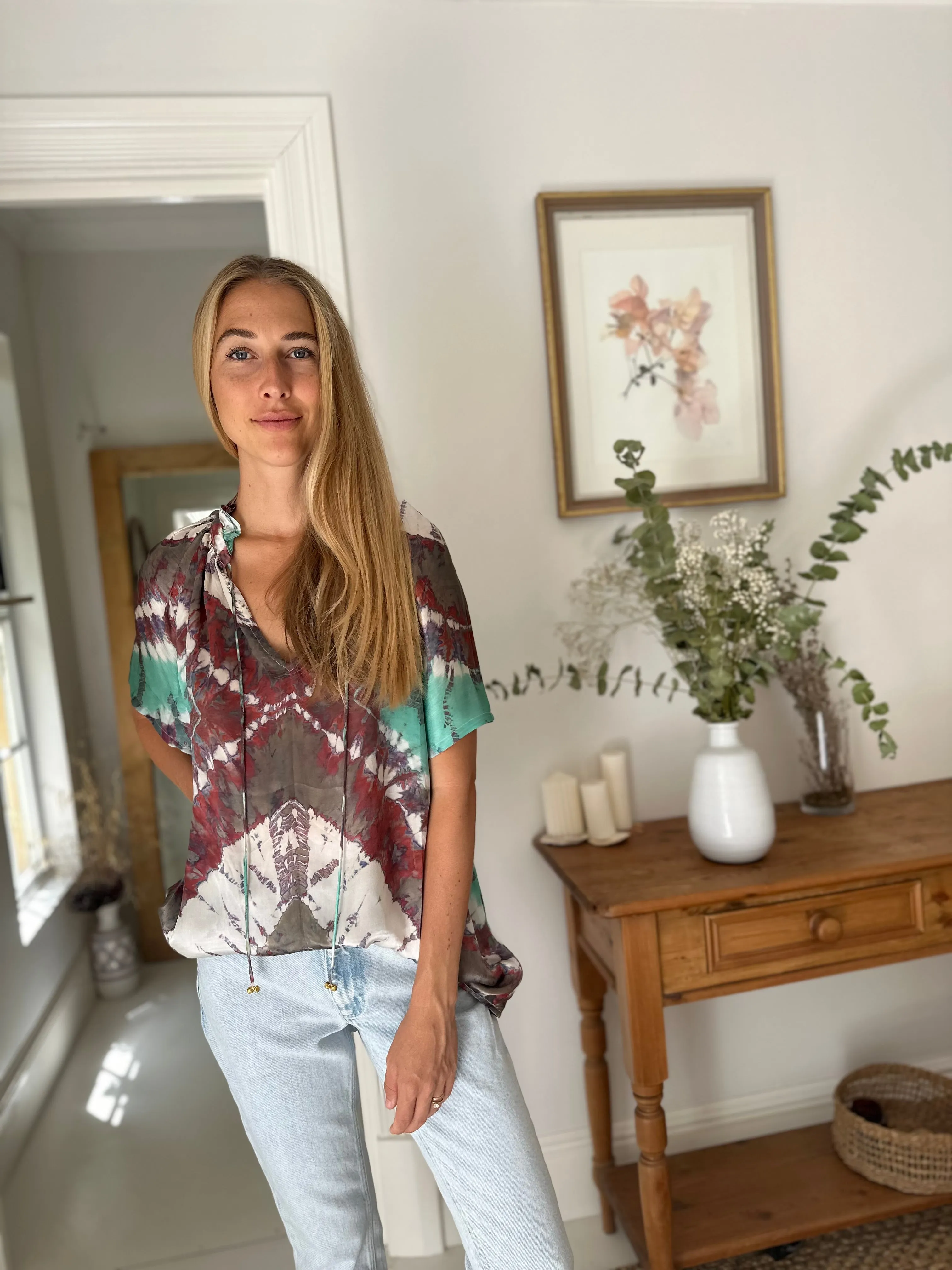 Havana Peasant Silk Blouse Green - Short Sleeve
