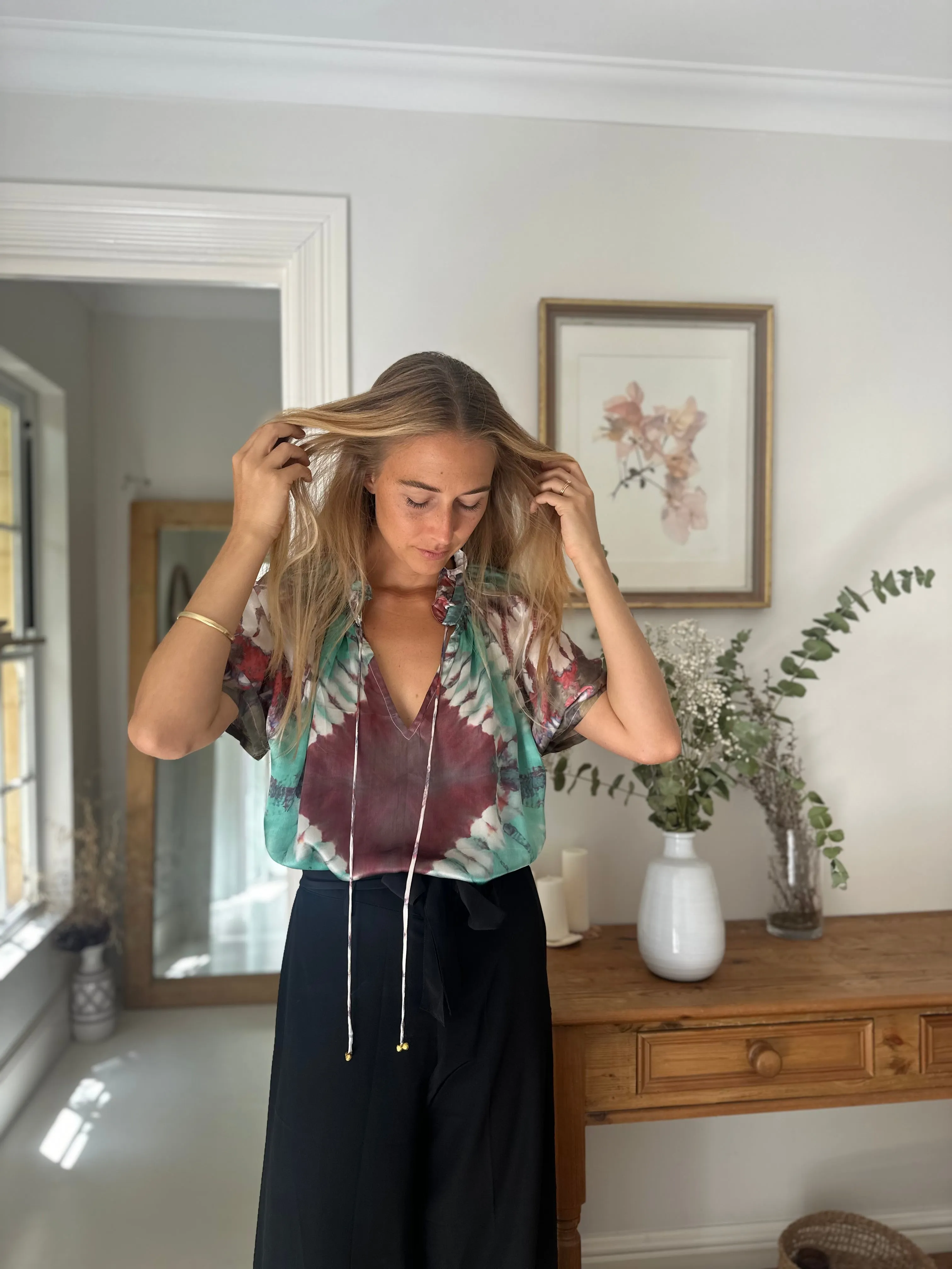 Havana Peasant Silk Blouse Green - Short Sleeve