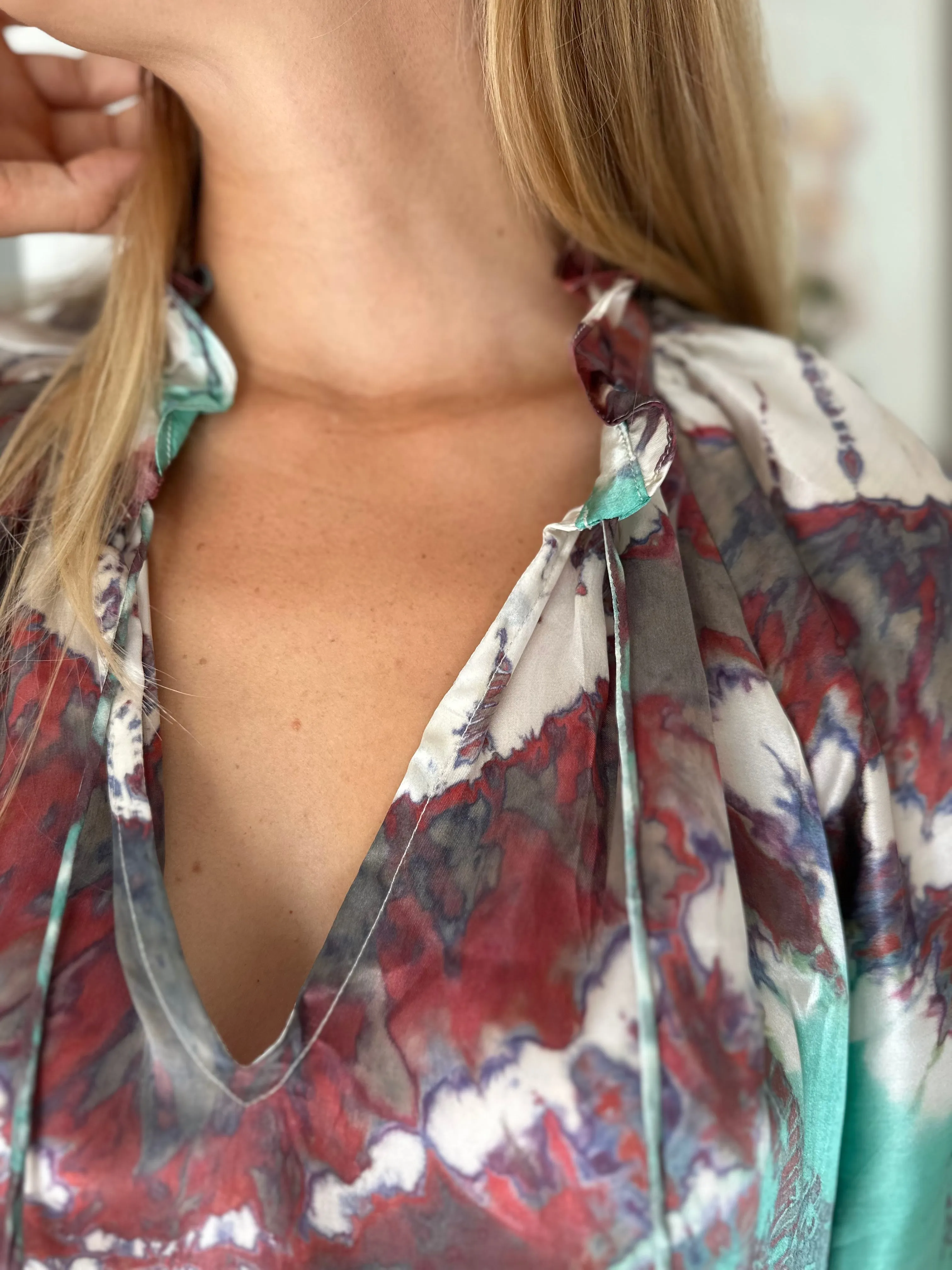Havana Peasant Silk Blouse Green - Short Sleeve