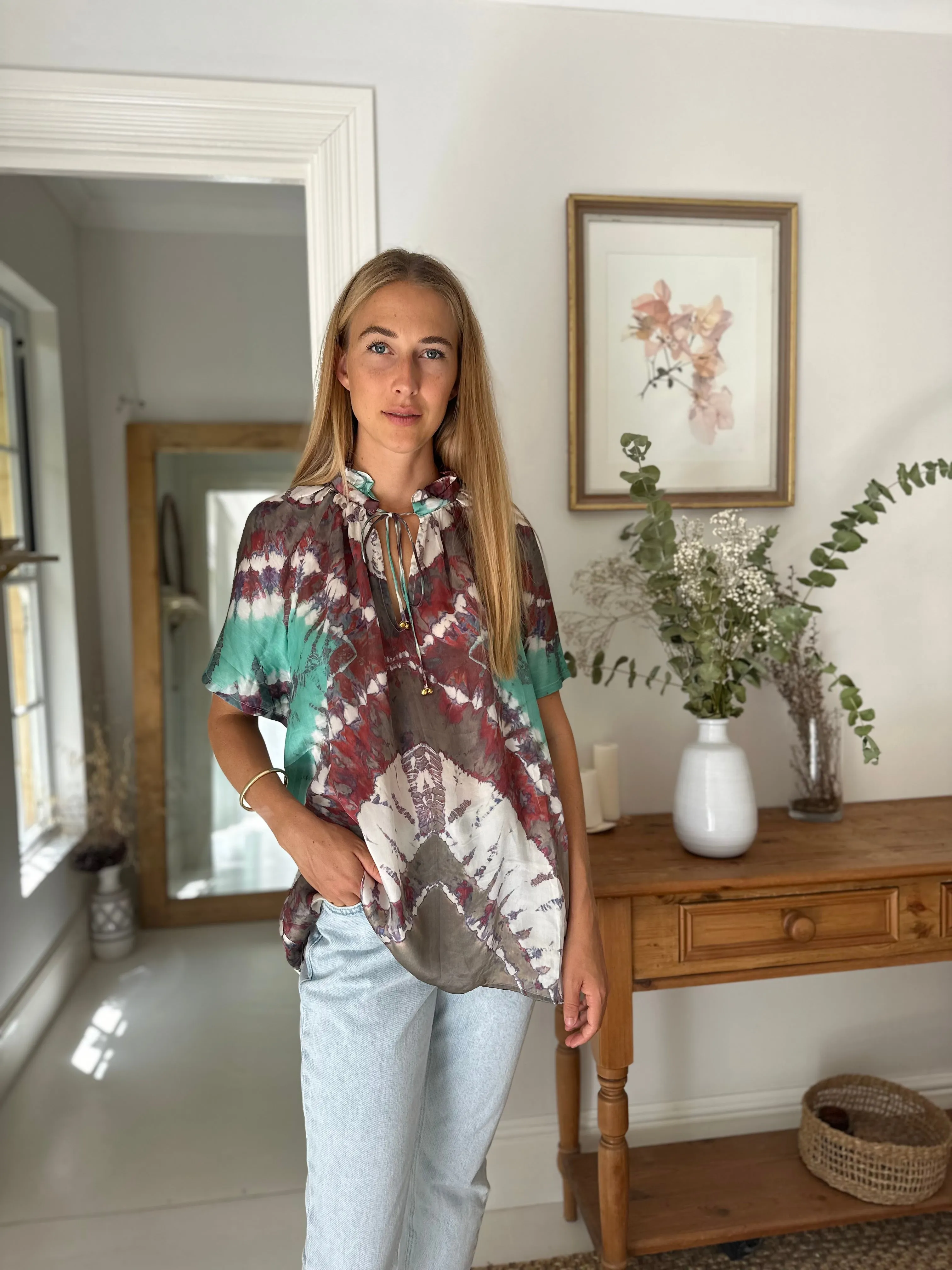 Havana Peasant Silk Blouse Green - Short Sleeve