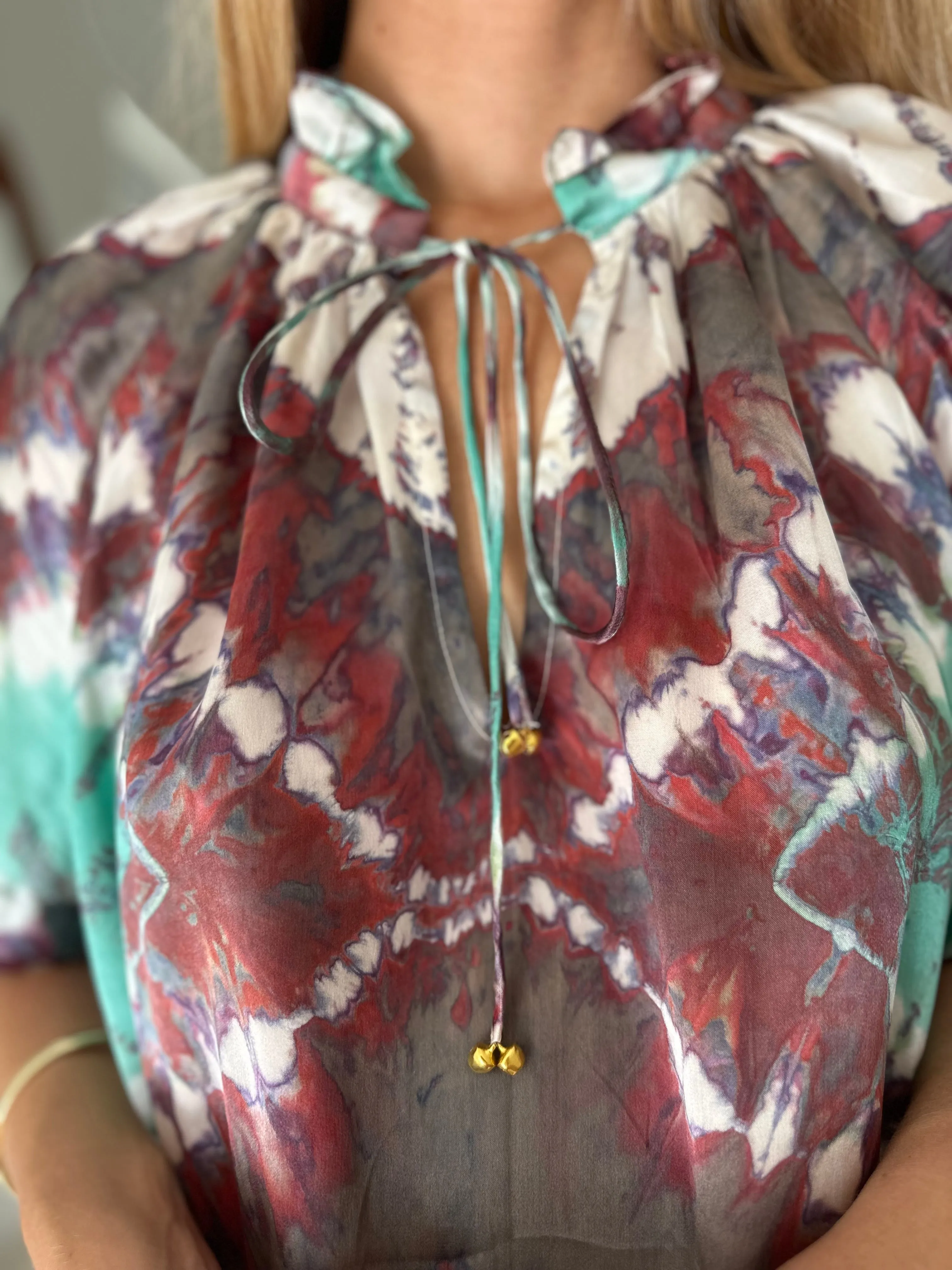 Havana Peasant Silk Blouse Green - Short Sleeve