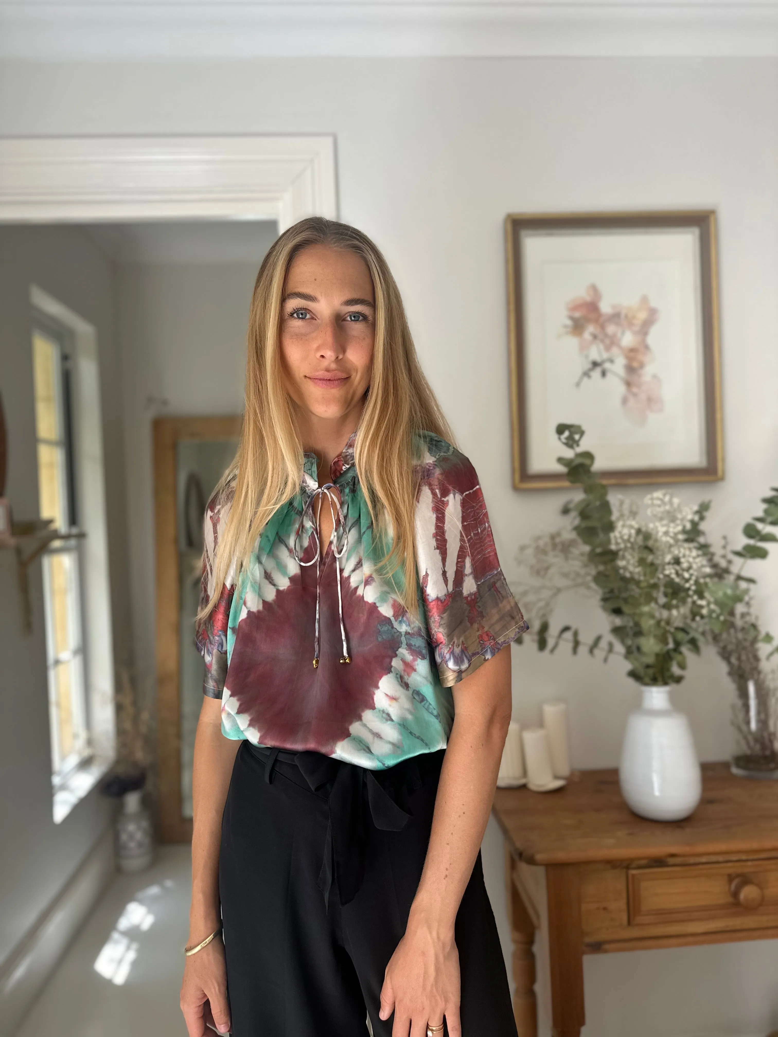 Havana Peasant Silk Blouse Green - Short Sleeve