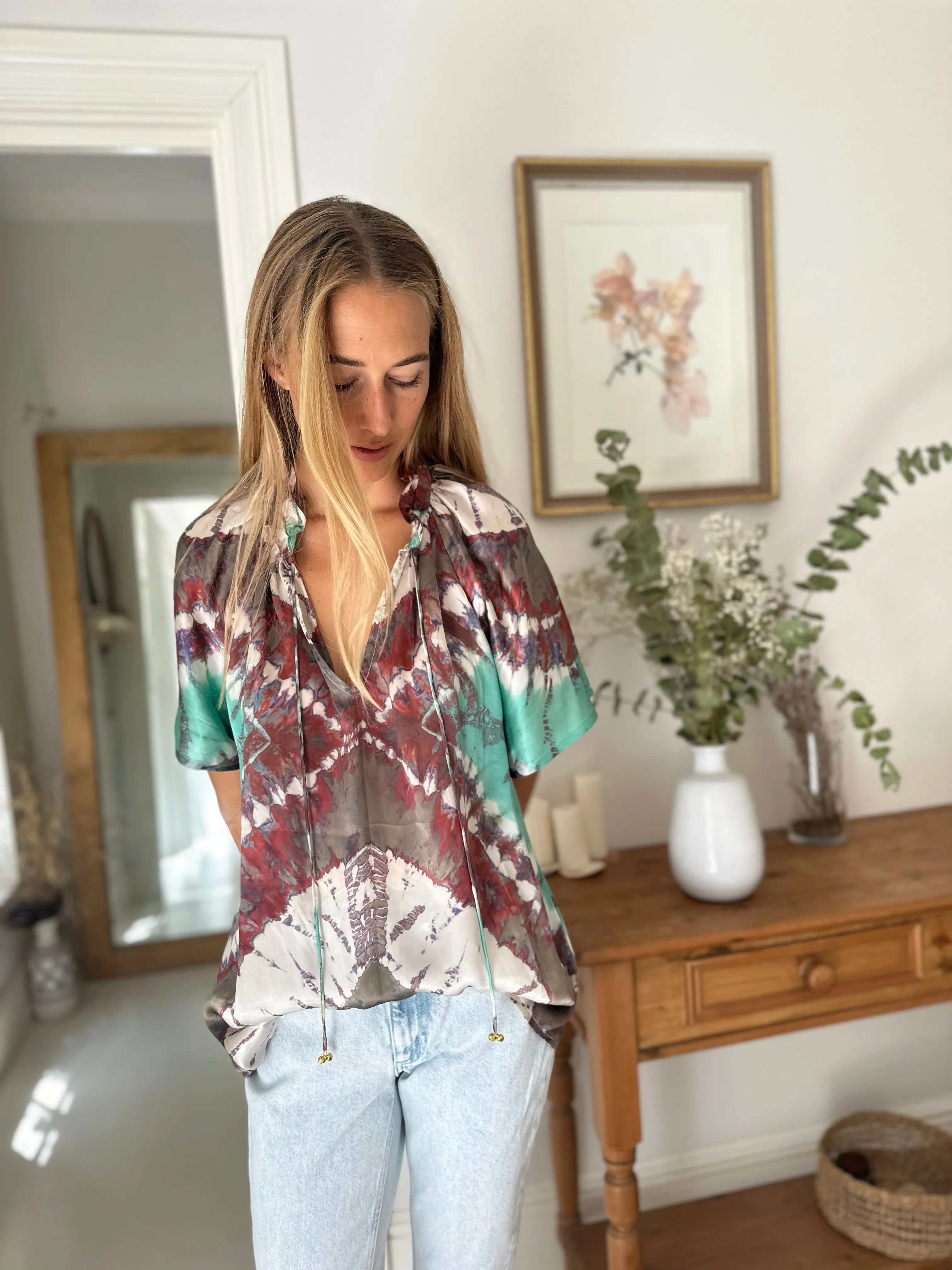 Havana Peasant Silk Blouse Green - Short Sleeve