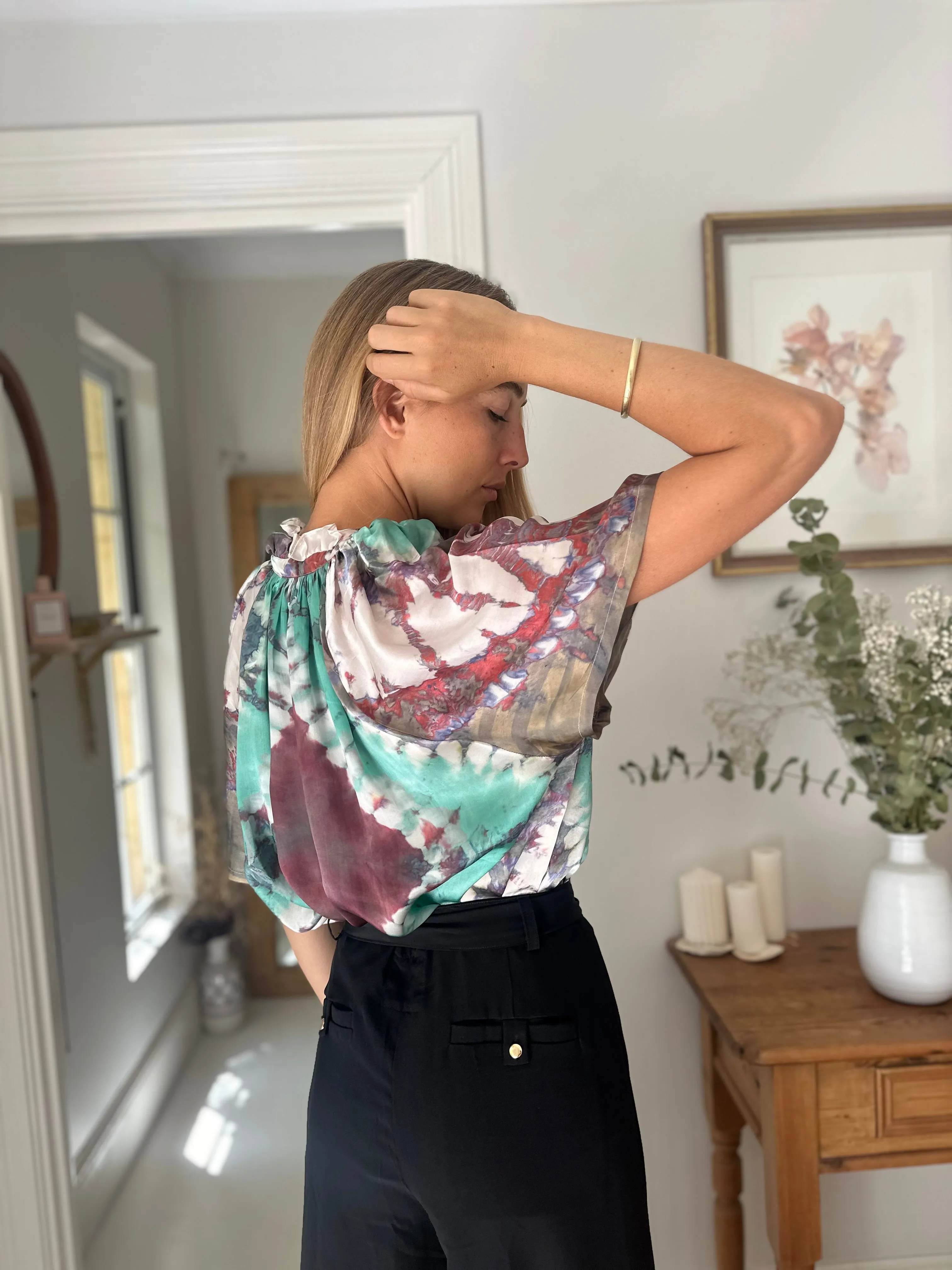 Havana Peasant Silk Blouse Green - Short Sleeve