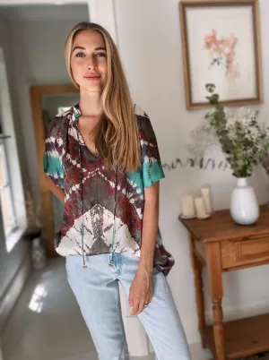 Havana Peasant Silk Blouse Green - Short Sleeve