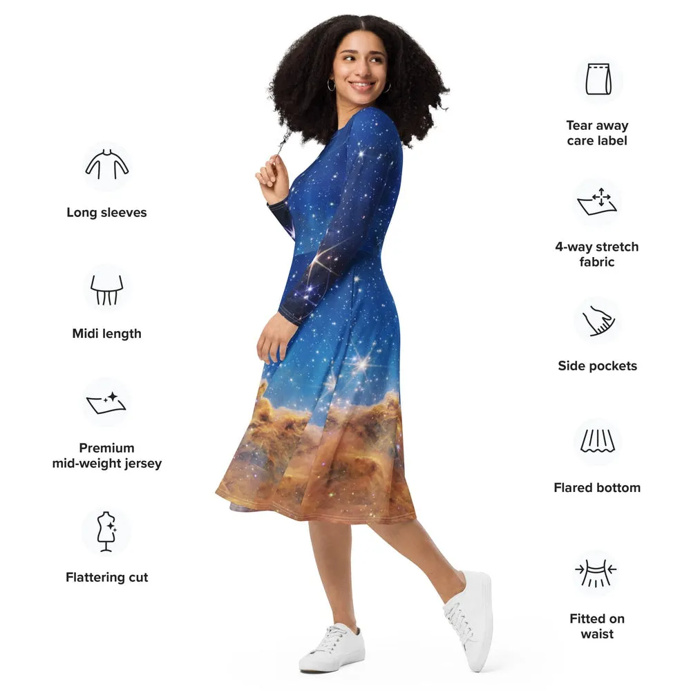 JWST Carina Nebula Long-Sleeve Midi Dress with Pockets