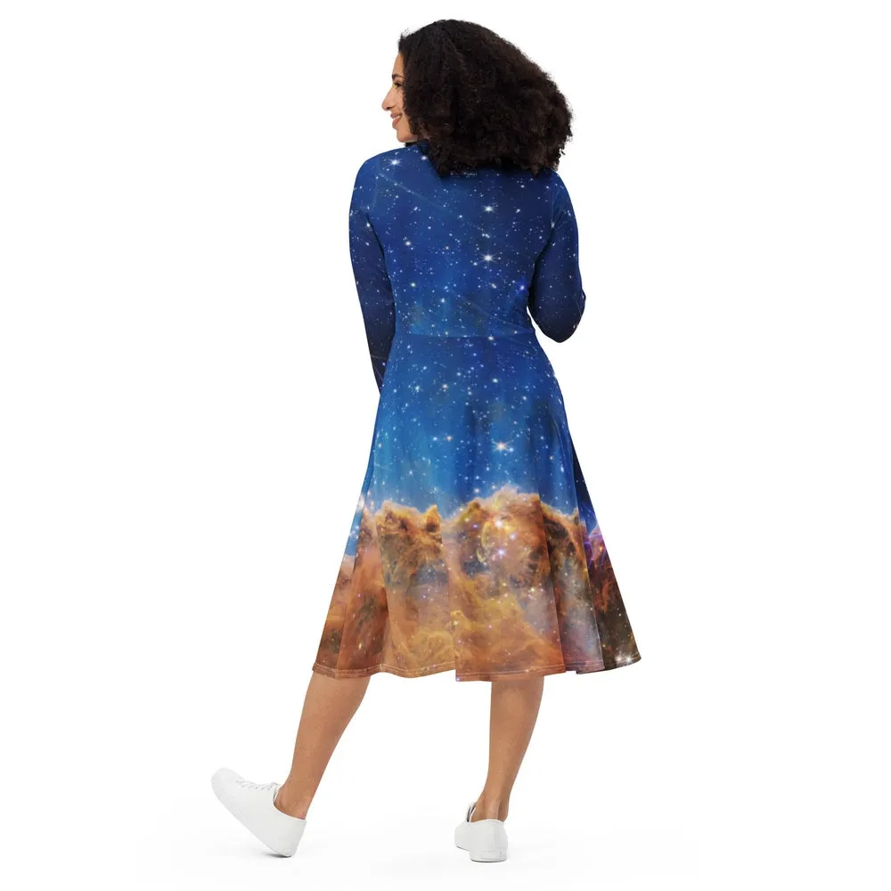 JWST Carina Nebula Long-Sleeve Midi Dress with Pockets