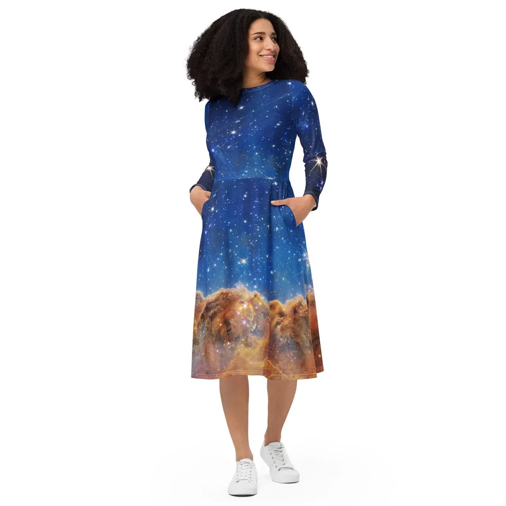 JWST Carina Nebula Long-Sleeve Midi Dress with Pockets