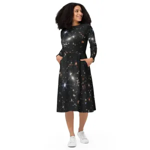 JWST SMACS 0723 Galaxy Cluster Deep Field Long-Sleeve Midi Dress with Pockets
