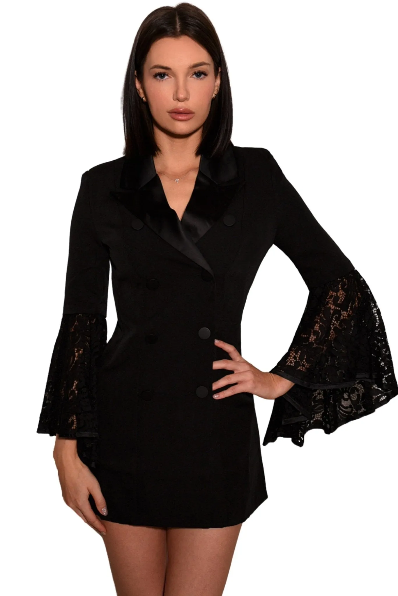 Marie Blazer Dress with Lace Sleeve Black