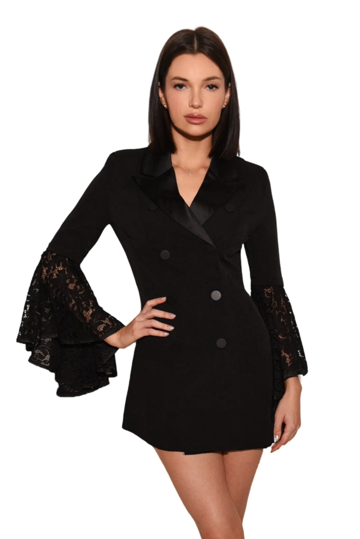 Marie Blazer Dress with Lace Sleeve Black