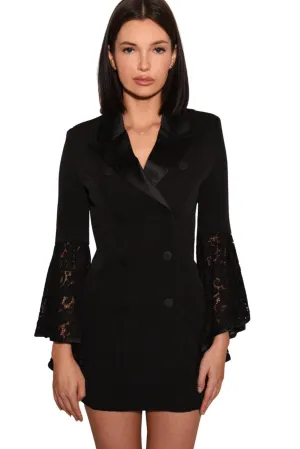 Marie Blazer Dress with Lace Sleeve Black