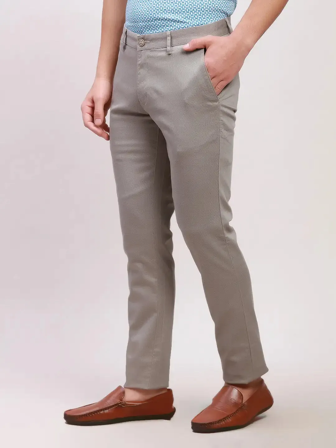 Parx Men Grey Print Super Slim Fit Cotton Blend Trousers