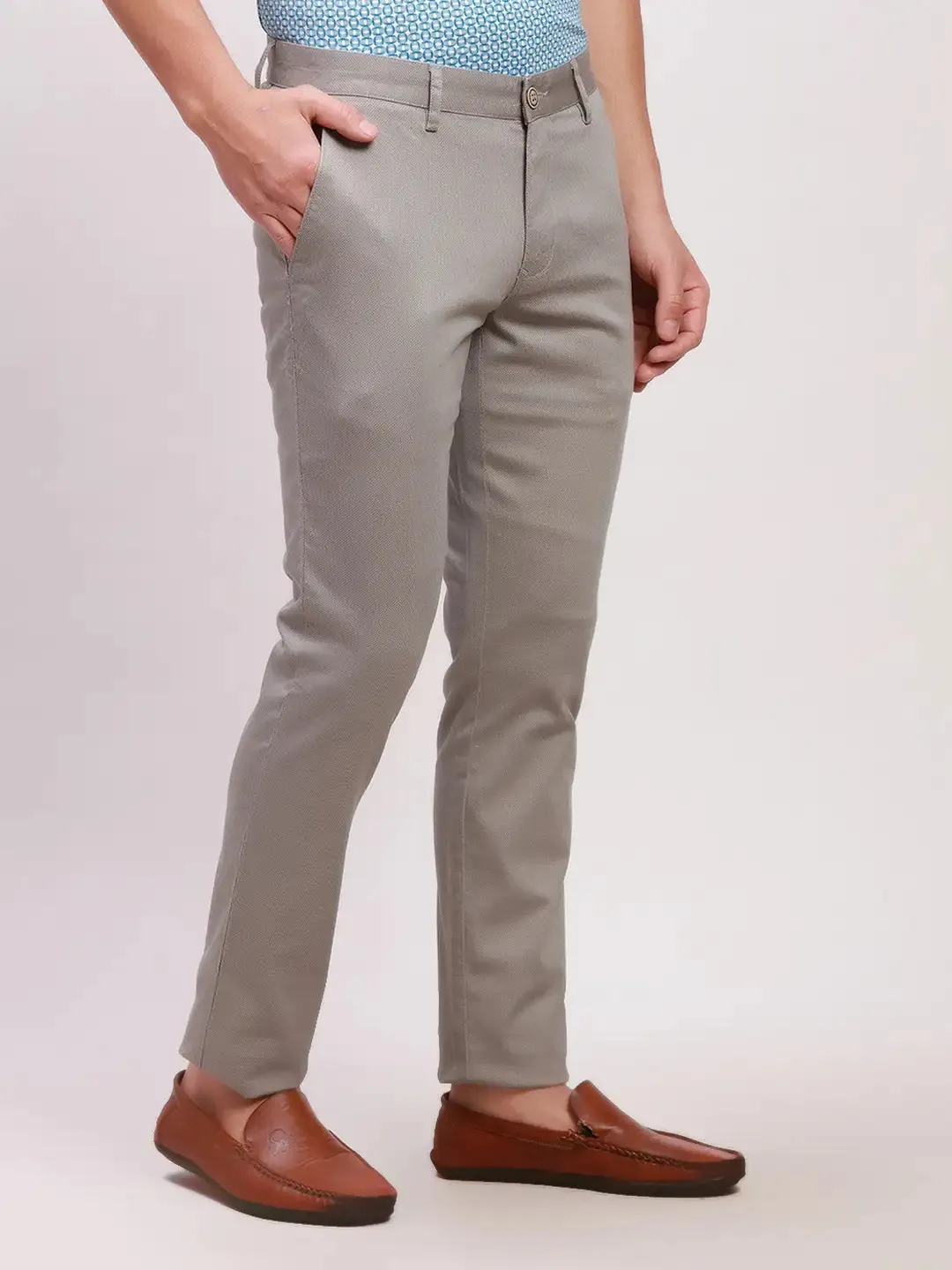 Parx Men Grey Print Super Slim Fit Cotton Blend Trousers