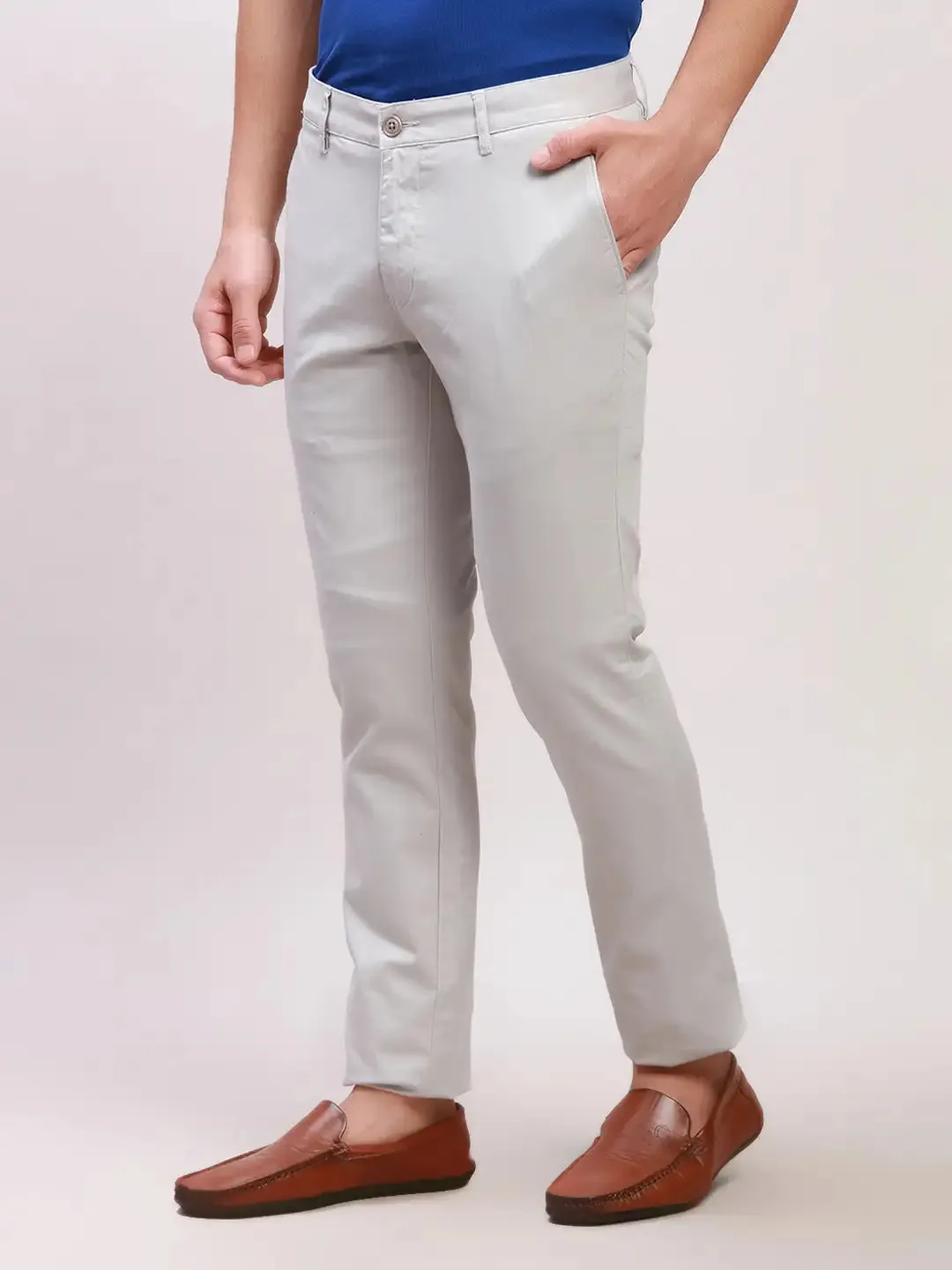 Parx Men Grey Solid Super Slim Fit Cotton Blend Trousers
