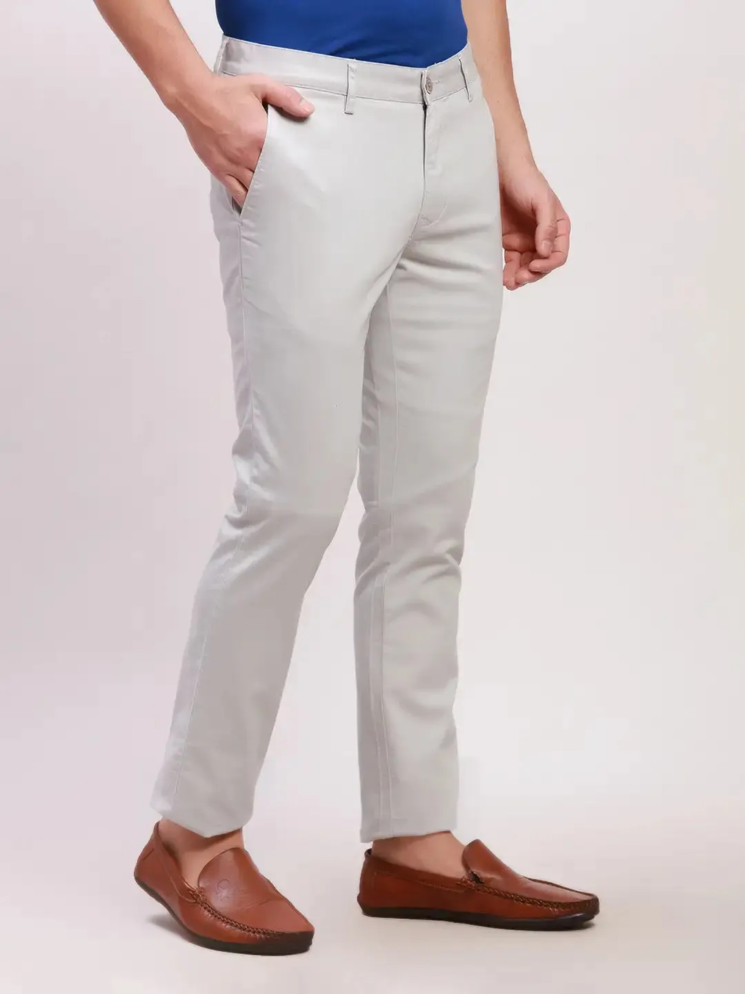 Parx Men Grey Solid Super Slim Fit Cotton Blend Trousers