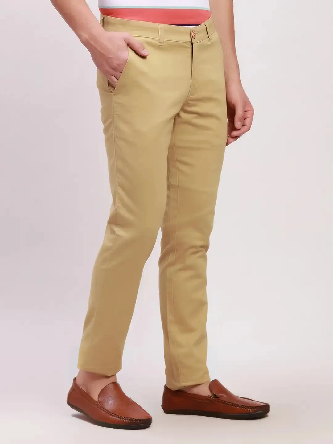 Parx Men Khaki Solid Super Slim Fit Cotton Blend Trousers