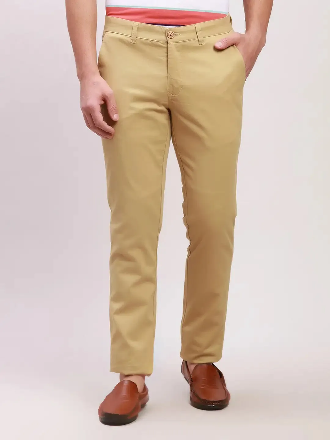 Parx Men Khaki Solid Super Slim Fit Cotton Blend Trousers