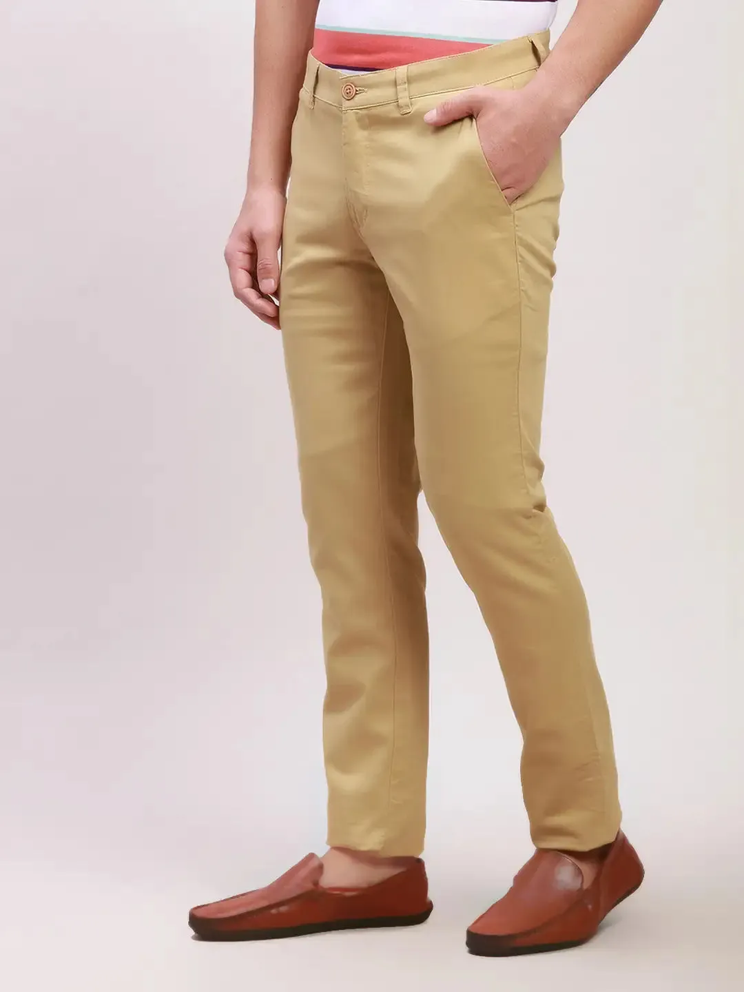Parx Men Khaki Solid Super Slim Fit Cotton Blend Trousers