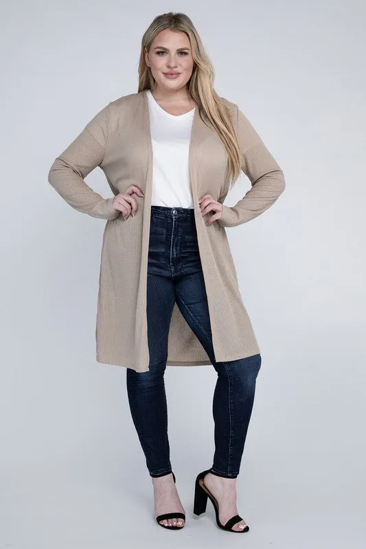 Plus Open Front Side Slit Everyday Long Cardigan