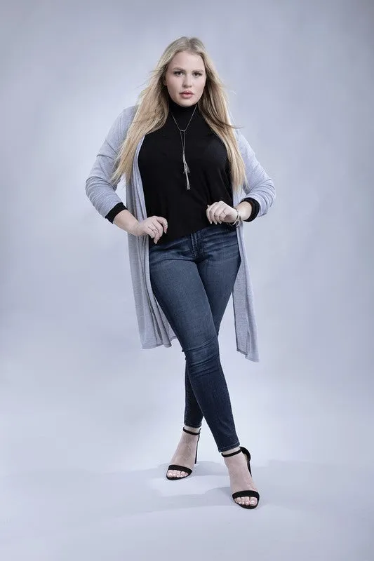 Plus Open Front Side Slit Everyday Long Cardigan
