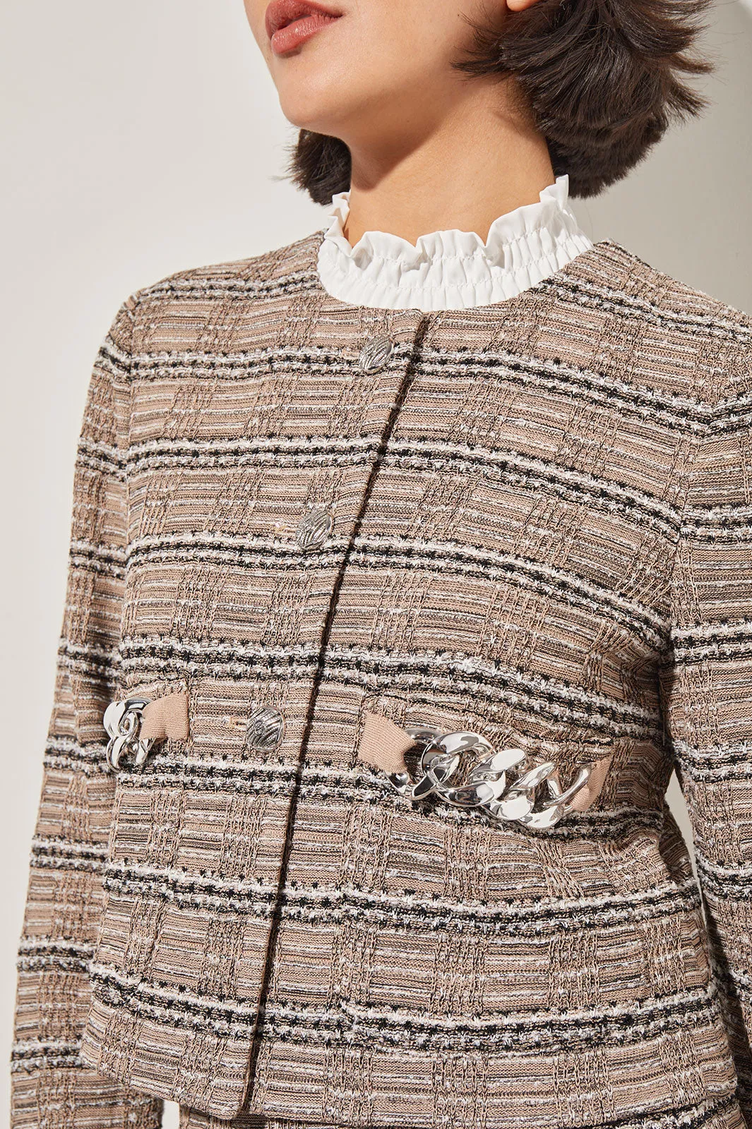 Plus Size Button-Front Heritage Jacket - Chain Detail Tweed