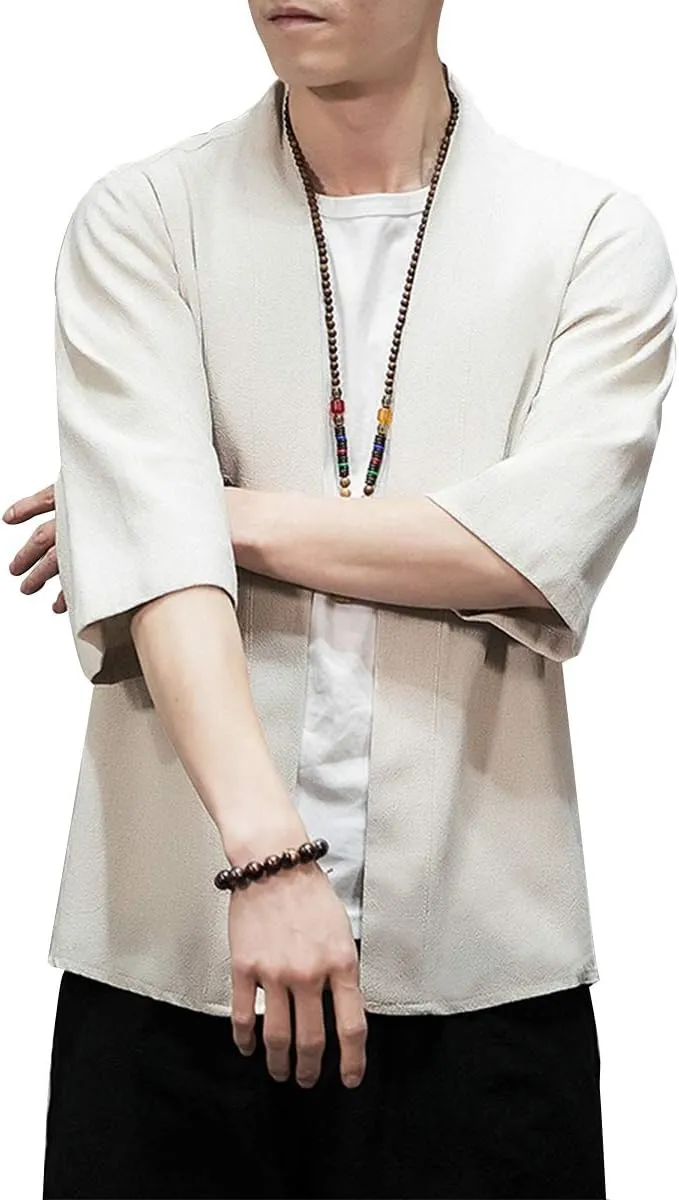 PRIJOUHE Men's Kimono Jackets Cardigan Lightweight Casual Cotton Blends Linen Seven Sleeves Open Front Coat Outwear