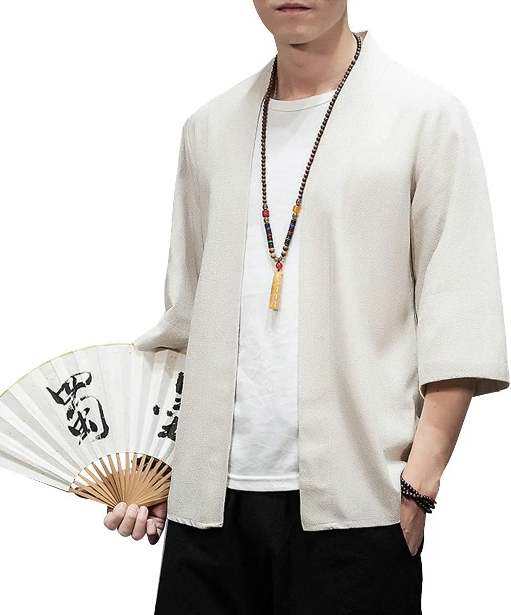 PRIJOUHE Men's Kimono Jackets Cardigan Lightweight Casual Cotton Blends Linen Seven Sleeves Open Front Coat Outwear
