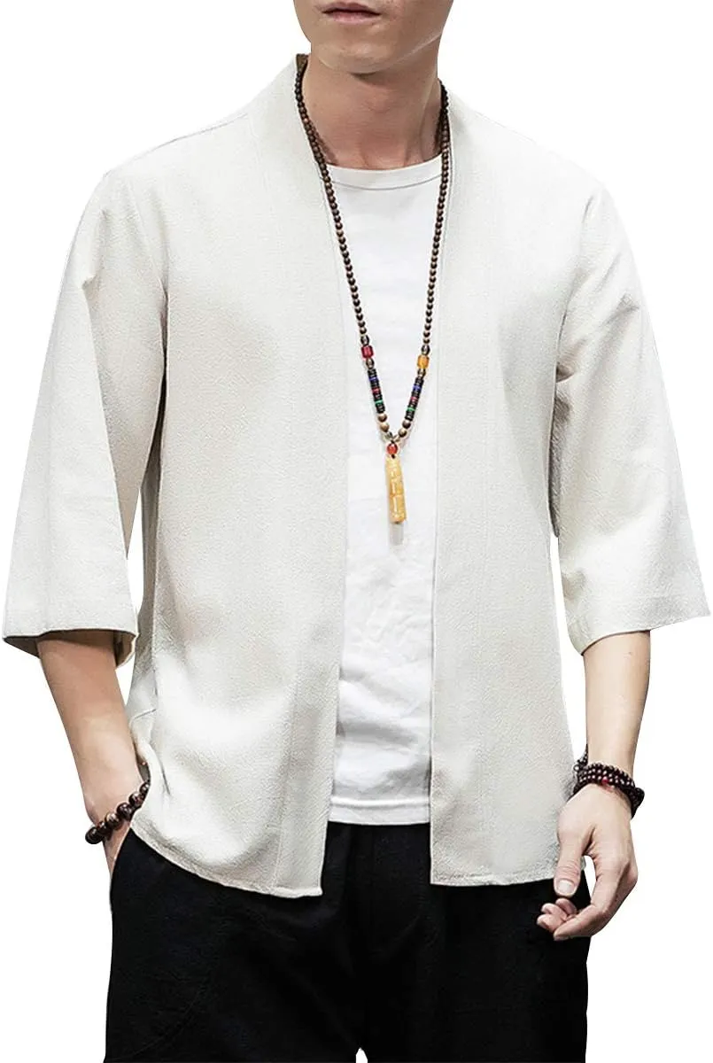 PRIJOUHE Men's Kimono Jackets Cardigan Lightweight Casual Cotton Blends Linen Seven Sleeves Open Front Coat Outwear