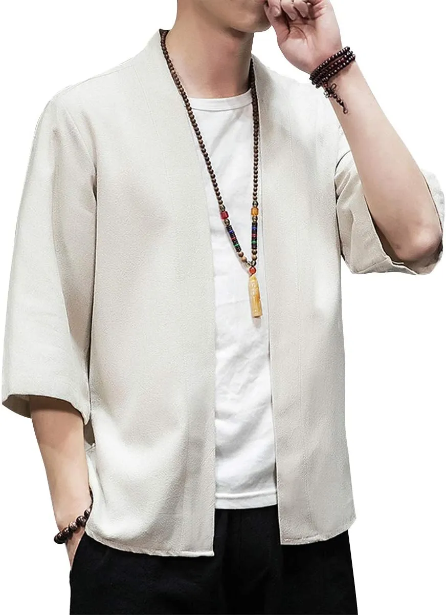 PRIJOUHE Men's Kimono Jackets Cardigan Lightweight Casual Cotton Blends Linen Seven Sleeves Open Front Coat Outwear