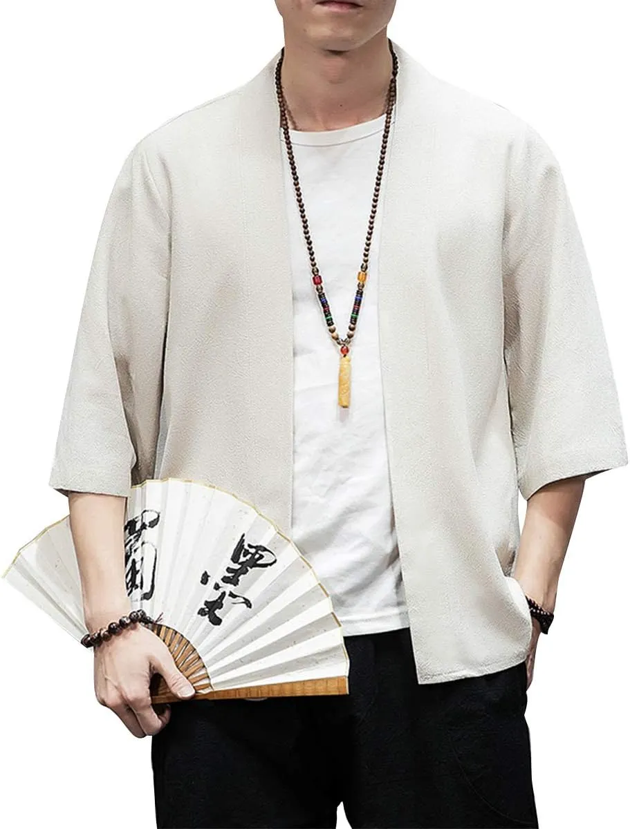 PRIJOUHE Men's Kimono Jackets Cardigan Lightweight Casual Cotton Blends Linen Seven Sleeves Open Front Coat Outwear