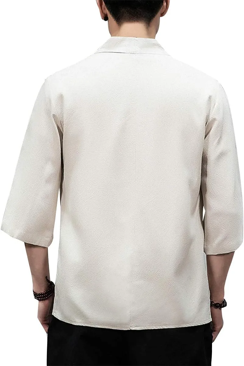 PRIJOUHE Men's Kimono Jackets Cardigan Lightweight Casual Cotton Blends Linen Seven Sleeves Open Front Coat Outwear