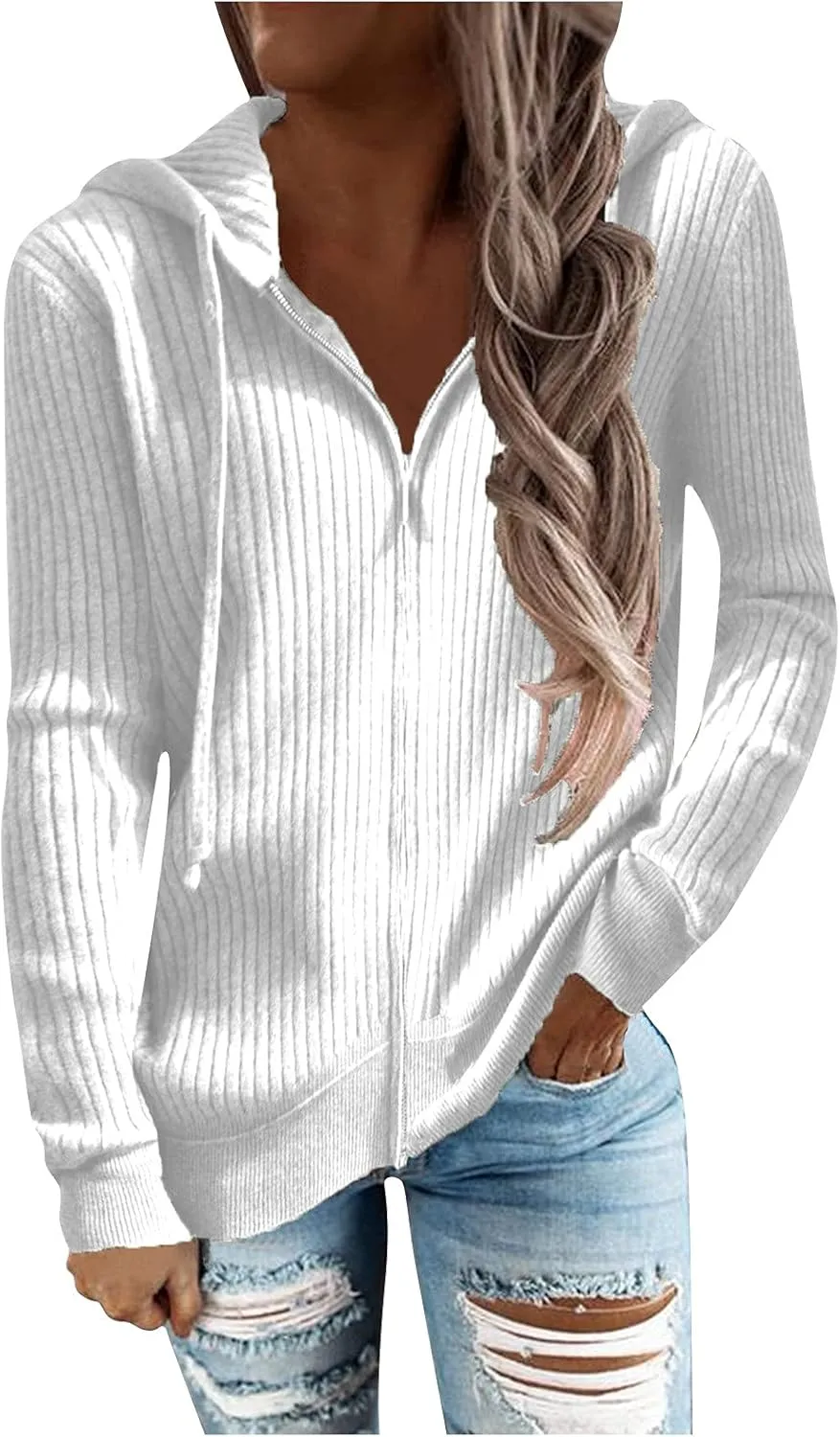 RMXEi Long Sleeve Open Front Cardigans For Women Casual Knit Zip Up Hooded Outwear Sweatshirt Coat