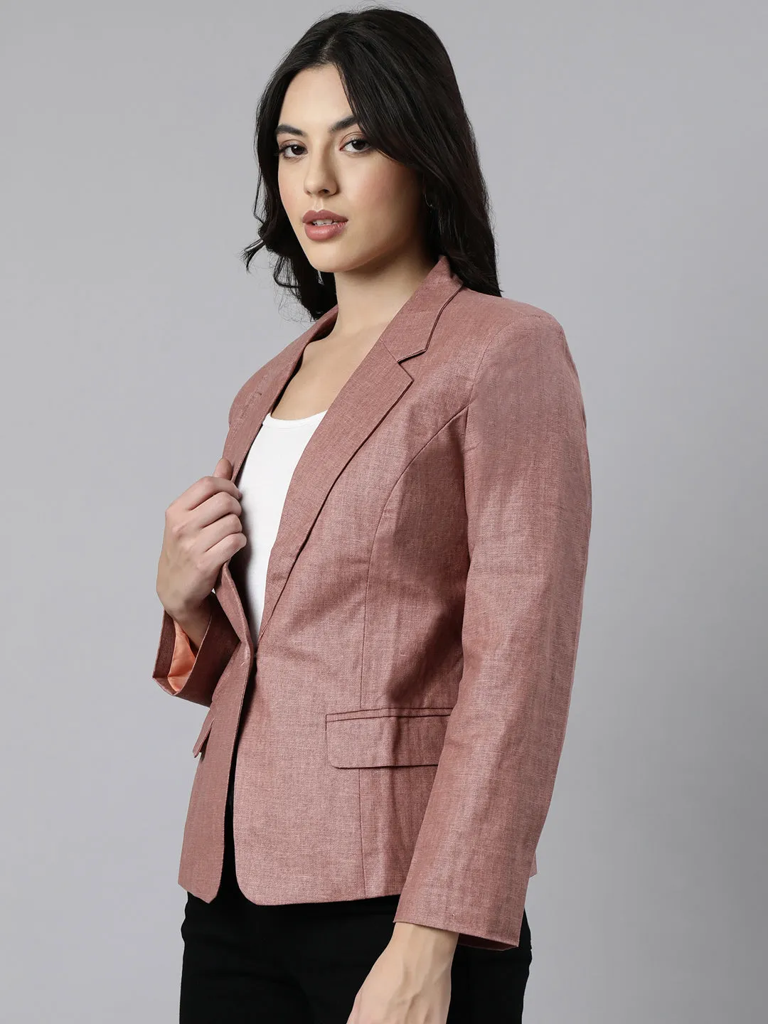 Women Brown Notched Lapel Collar Single Breasted Slim-Fit Blazer