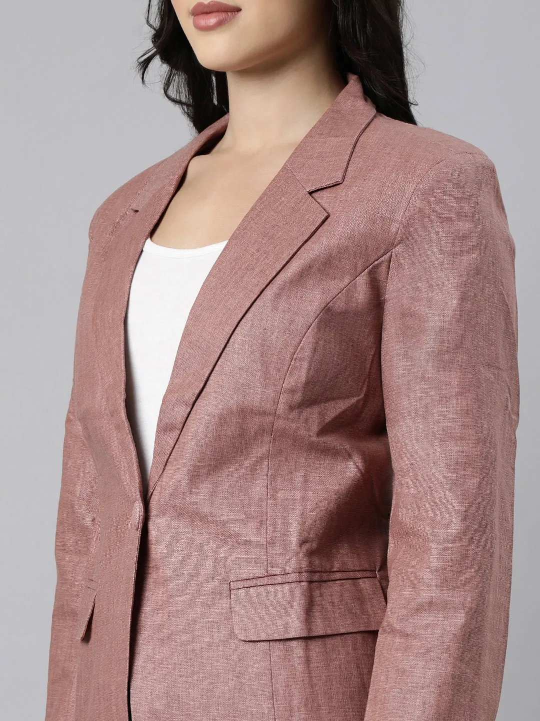Women Brown Notched Lapel Collar Single Breasted Slim-Fit Blazer