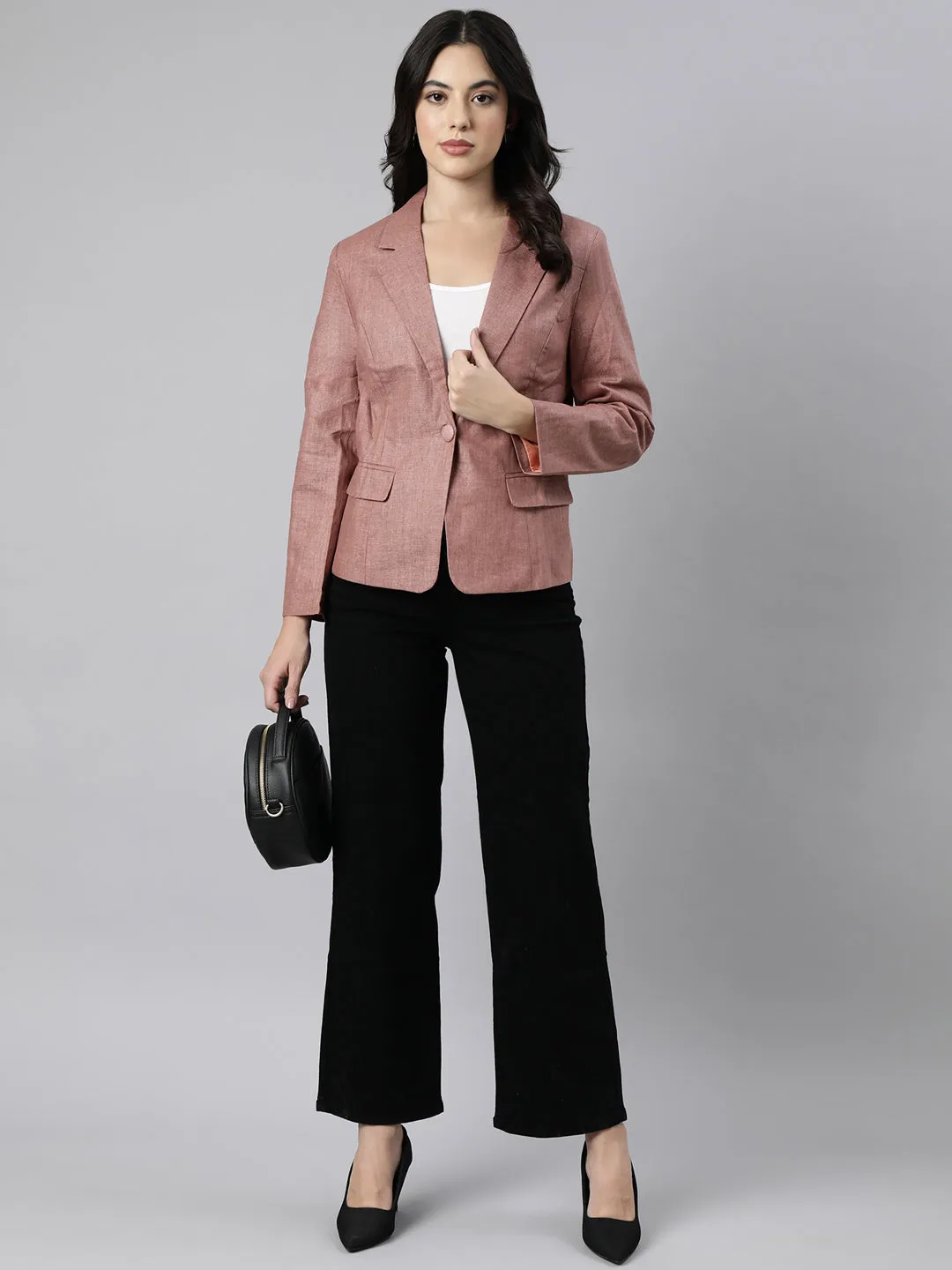 Women Brown Notched Lapel Collar Single Breasted Slim-Fit Blazer