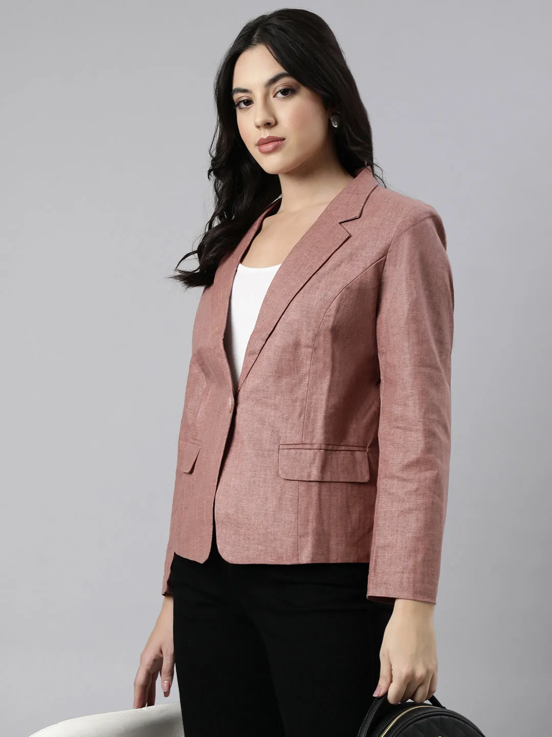 Women Brown Notched Lapel Collar Single Breasted Slim-Fit Blazer