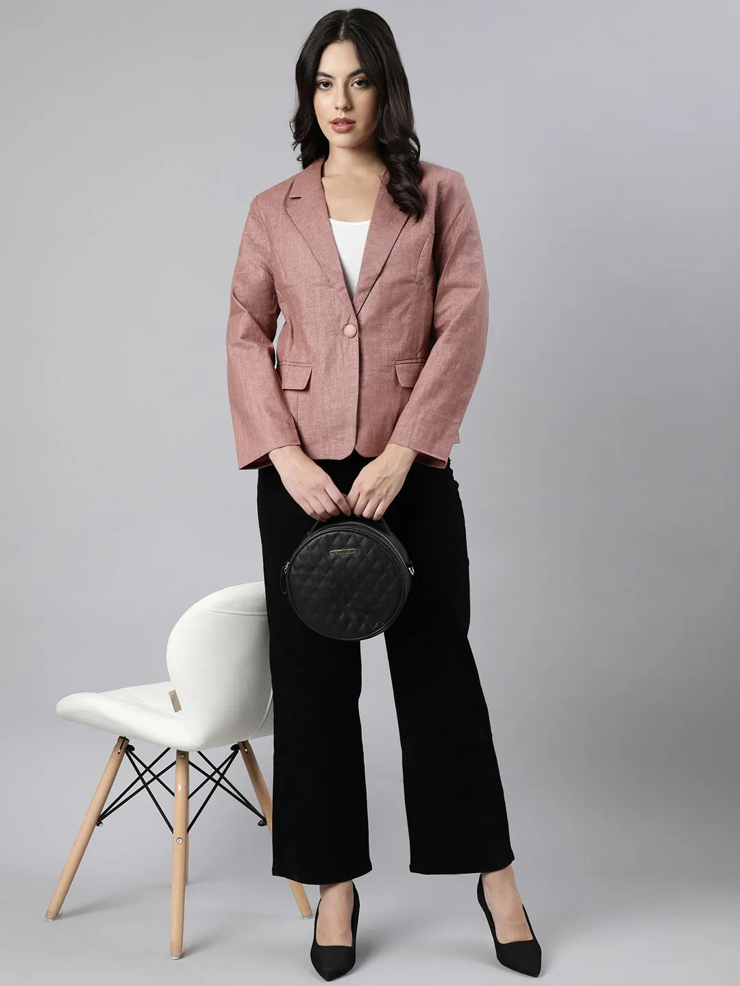 Women Brown Notched Lapel Collar Single Breasted Slim-Fit Blazer